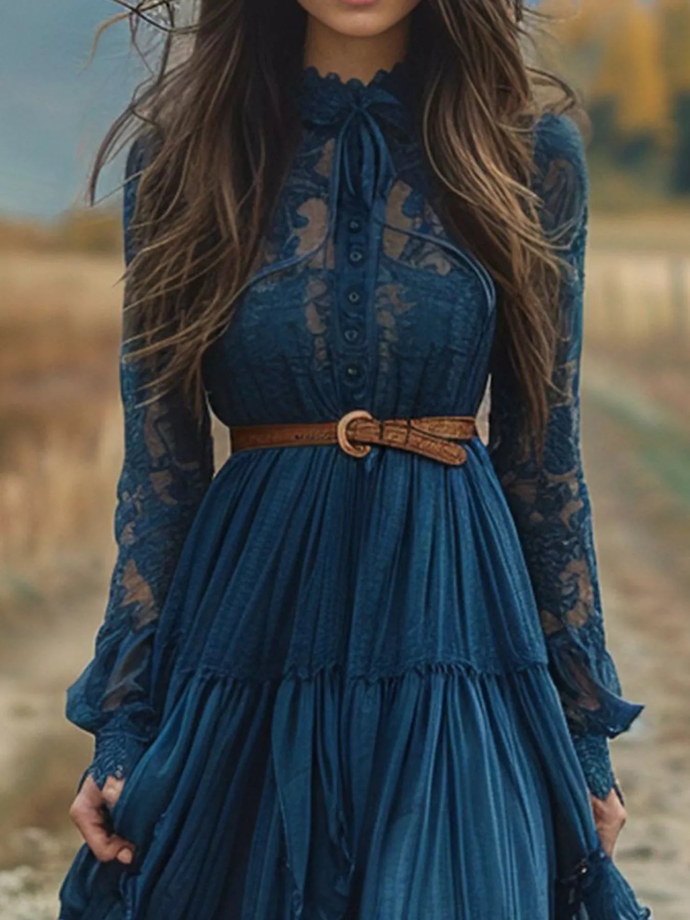 NEWYORKLISTED STYLE COLLECTION: Woman wearing a blue lace dress with a brown belt in a natural setting