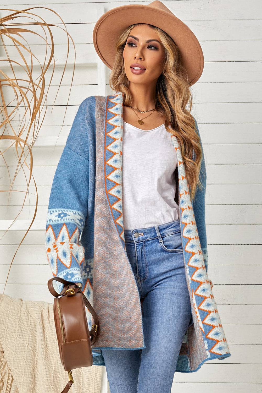 Geometric Open Front Long Sleeve Cardigan - NEWYORKLISTED