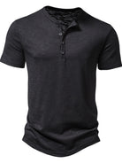 NEWYORKLISTED ATLAS MEN'S COLLECTION: Black short-sleeve henley shirt on a white background