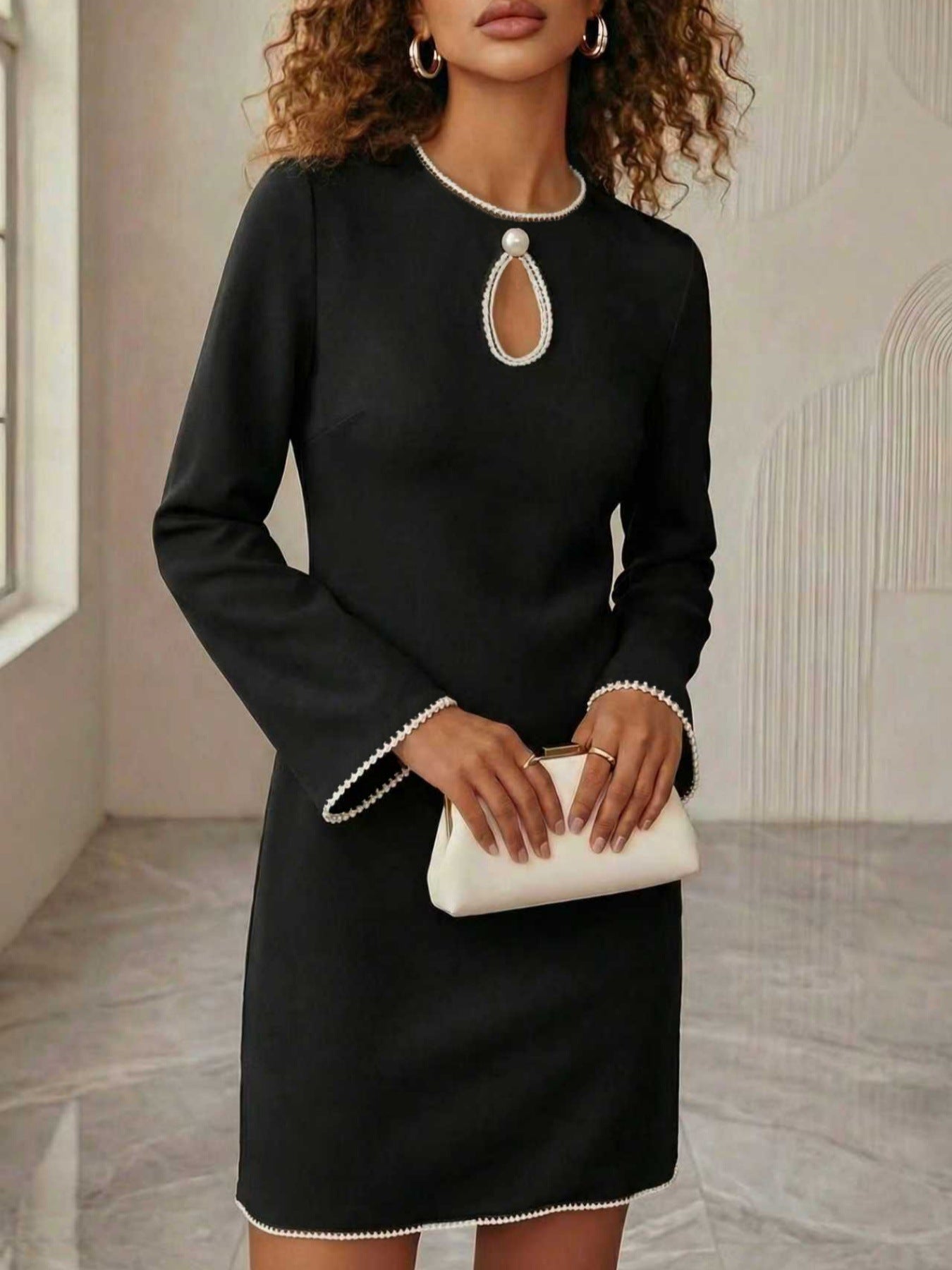 NEWYORKLISTED STYLE COLLECTION: Keyhole Pearl Trim Mini Dress NEWYORKLISTED STYLE COLLECTION: Keyhole Pearl Trim Mini Dress
