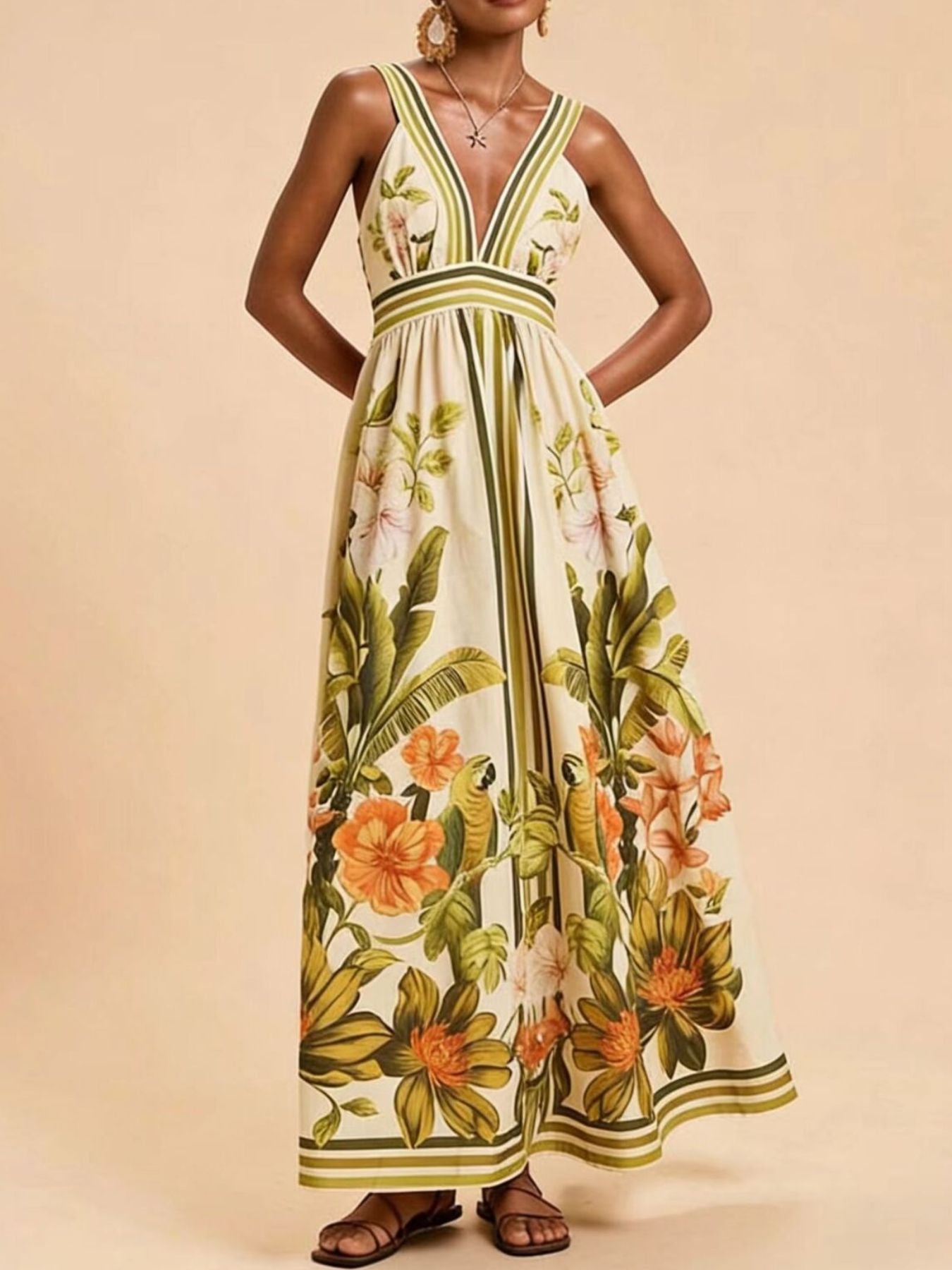 NEWYORKLISTED STYLE COLLECTION: Woman wearing a floral dress with a beige background