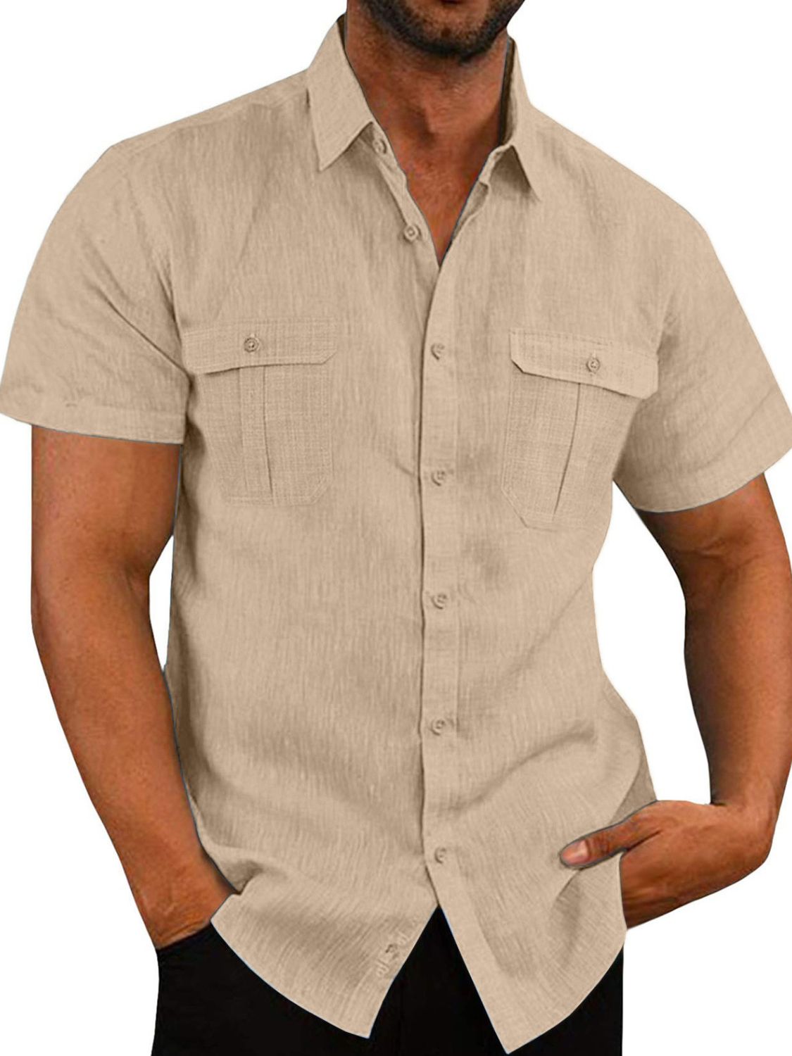 NEWYORKLISTED ATLAS MEN'S COLLECTION: Men's Plus Size Collared Neck Short Sleeve Shirt in Beige 