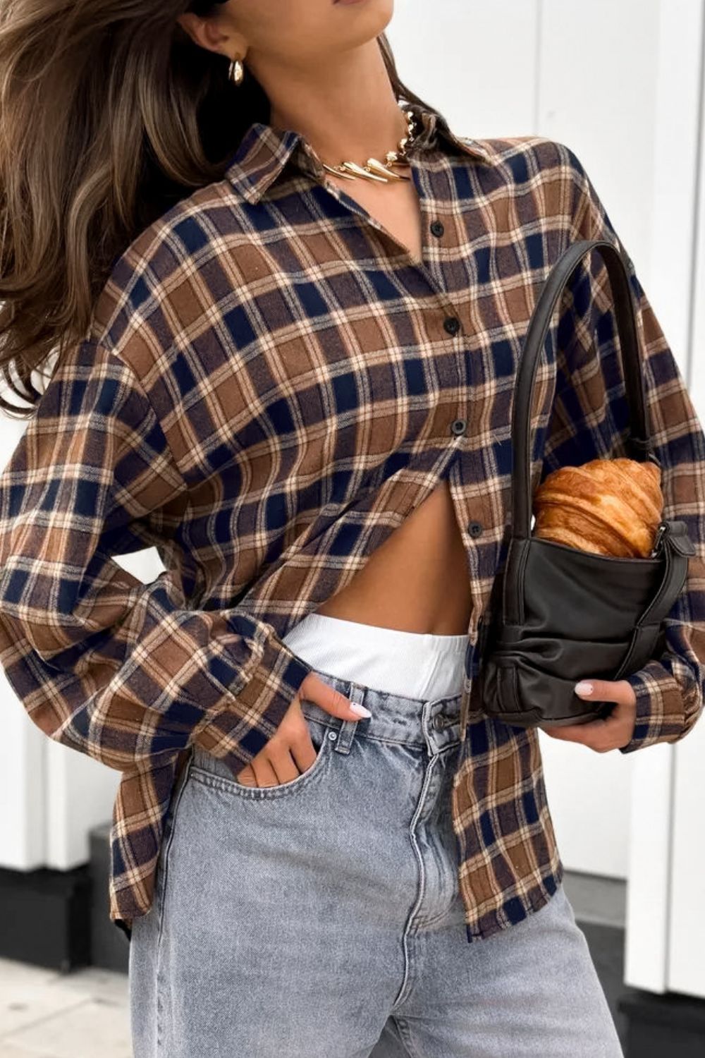 Plaid Button Up Drop Shoulder Shacket - NEWYORKLISTED