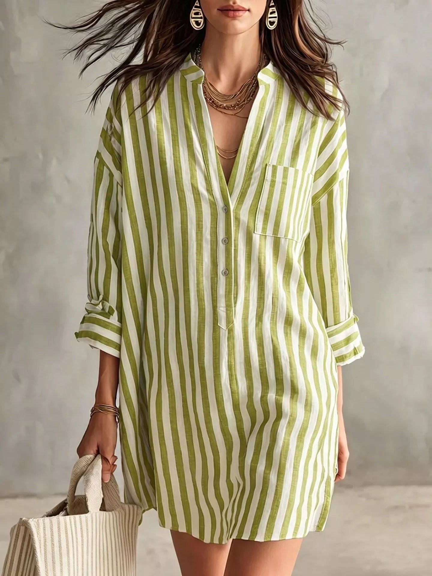 NEWYORKLISTED STYLE COLLECTION: A woman models a light green and white vertically striped linen shirt dress, holding a matching striped tote bag against a textured gray wall.