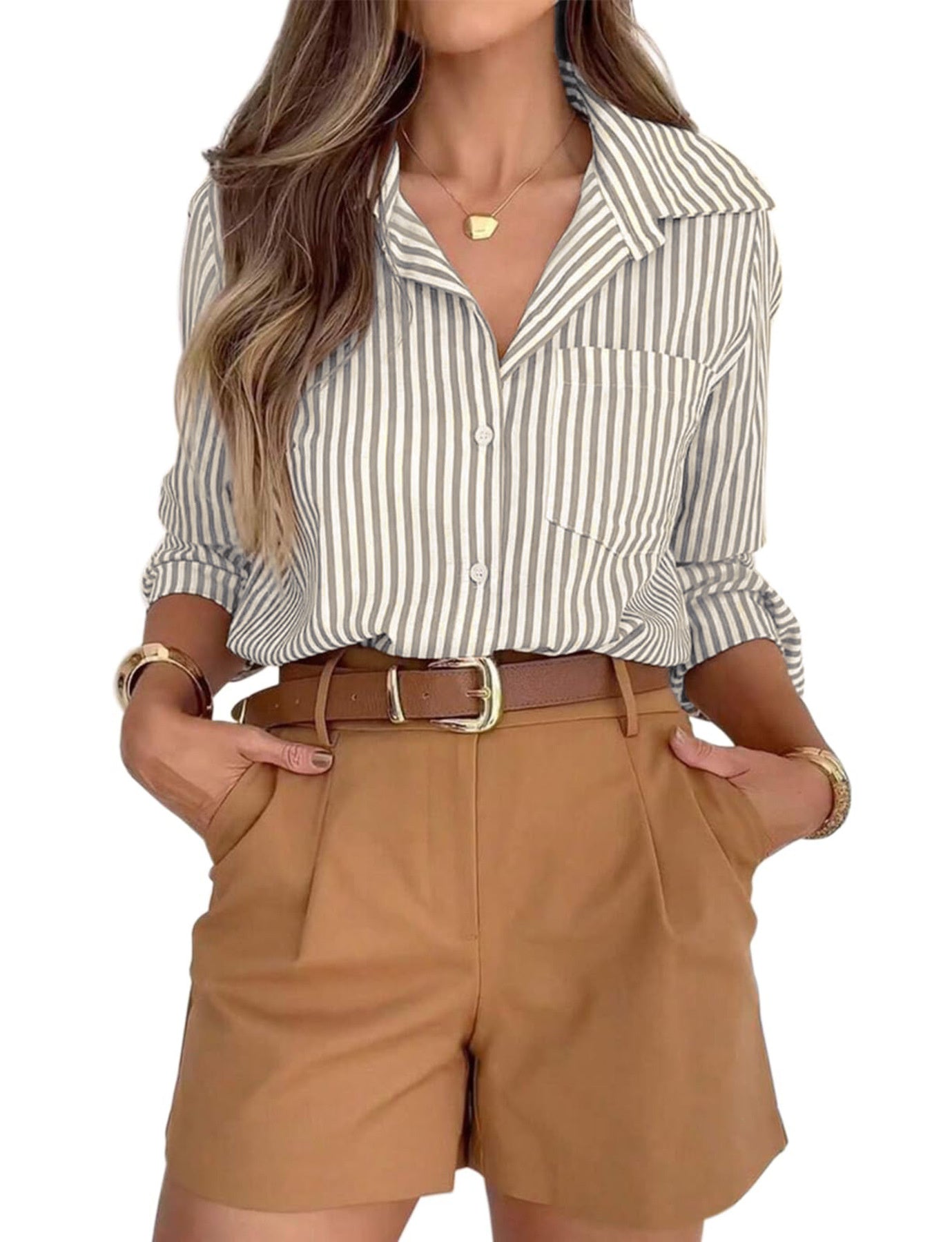 NEWYORKLISTED STYLE COLLECTION: "Get Preppy for an elegant summer" Woman wearing a striped shirt and tan shorts on a white background 