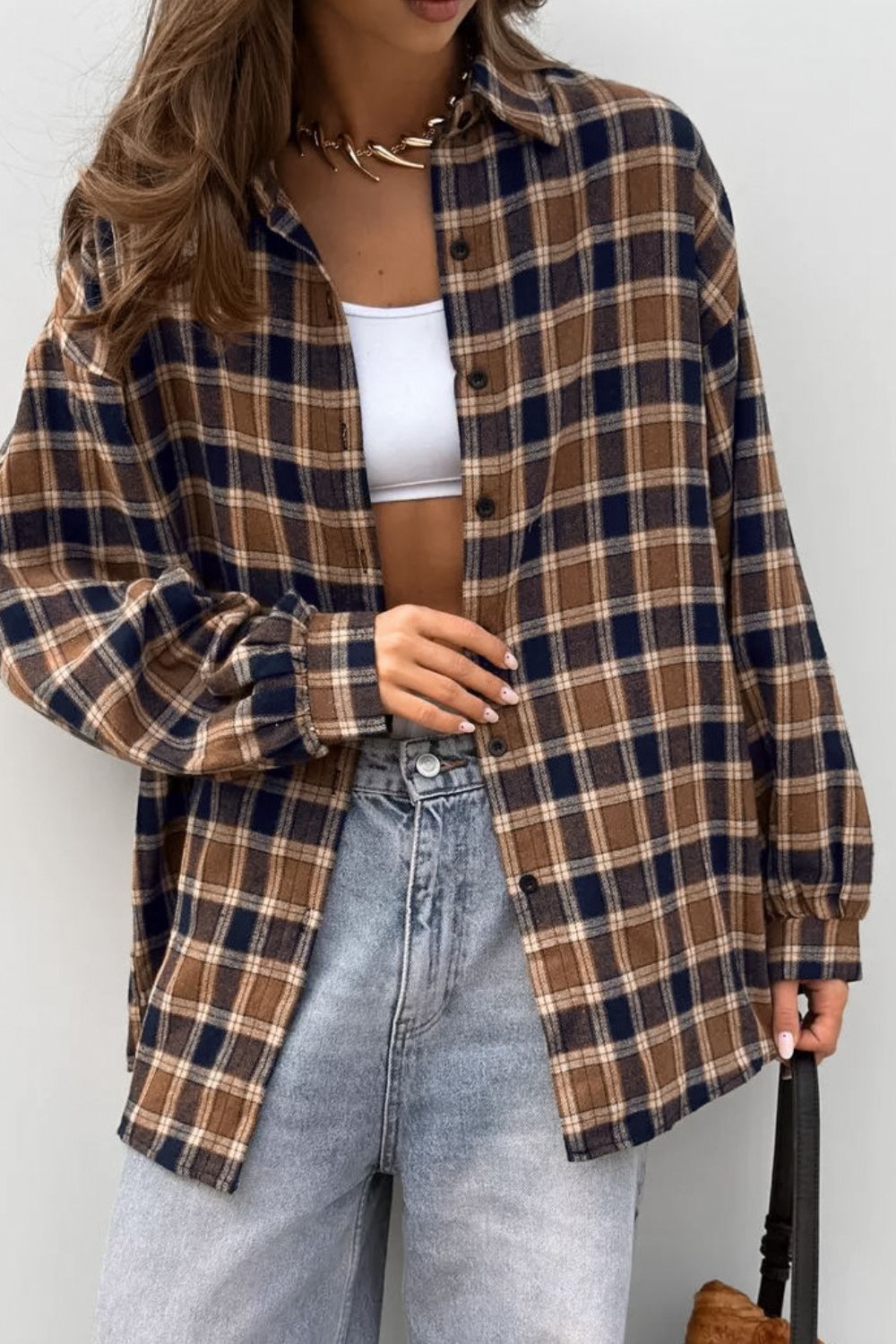 Plaid Button Up Drop Shoulder Shacket - NEWYORKLISTED