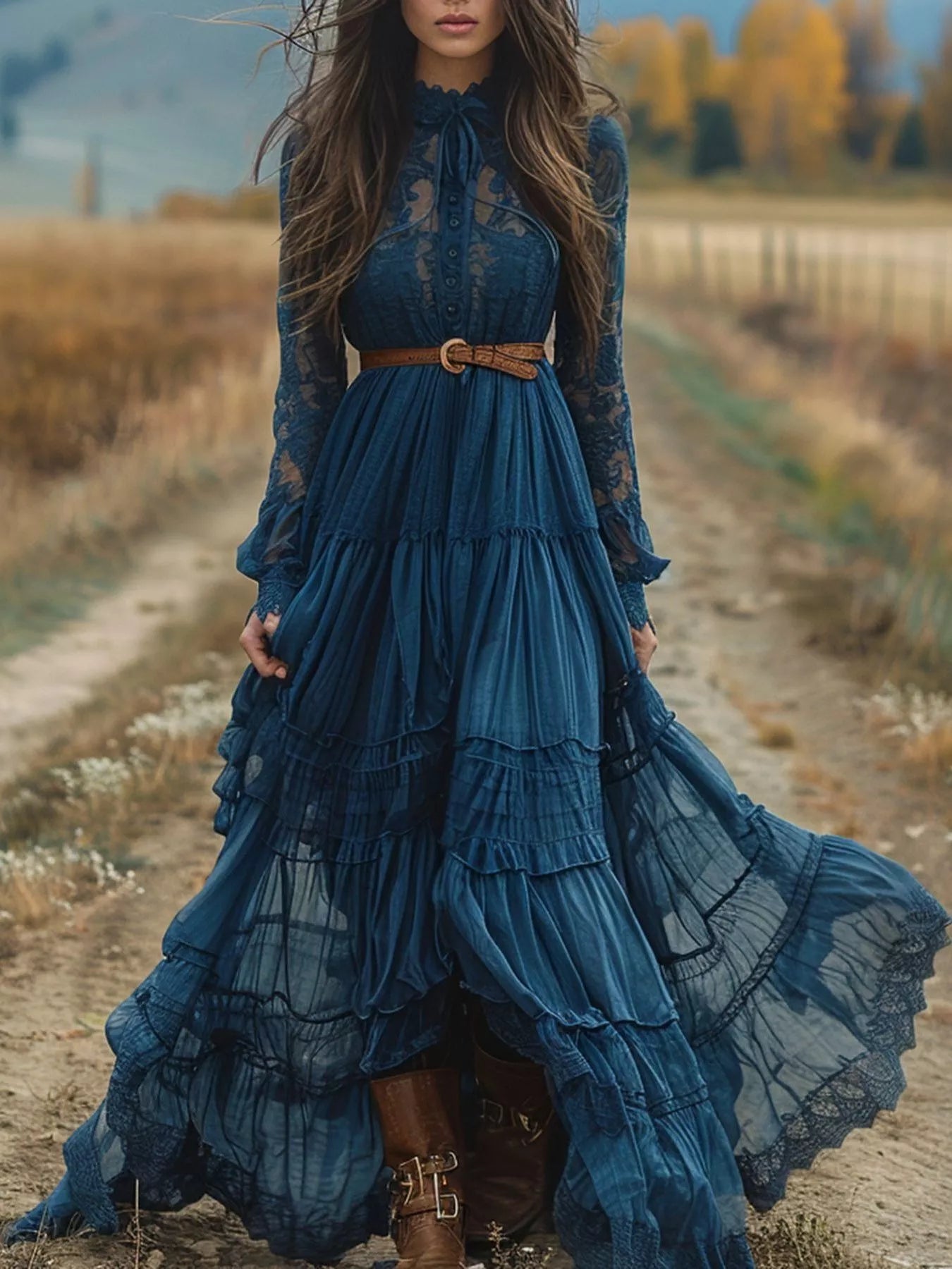NEWYORKLISTED STYLE COLLECTION: Woman in a blue lace dress standing on a dirt path with autumn scenery.
