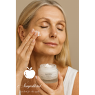 NEWYORKLISTED Cosmetic Collection: Woman applying night renewal cream to her face with a jar of NEWYORKLISTED 'Nuit Crème' in the foreground.