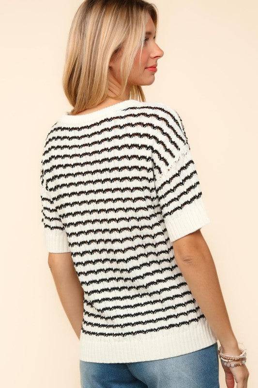 NEWYORKLISTED STYLE COLLECTION:  Striped Round Neck Half Sleeve Knit Top - NEWYORKLISTED