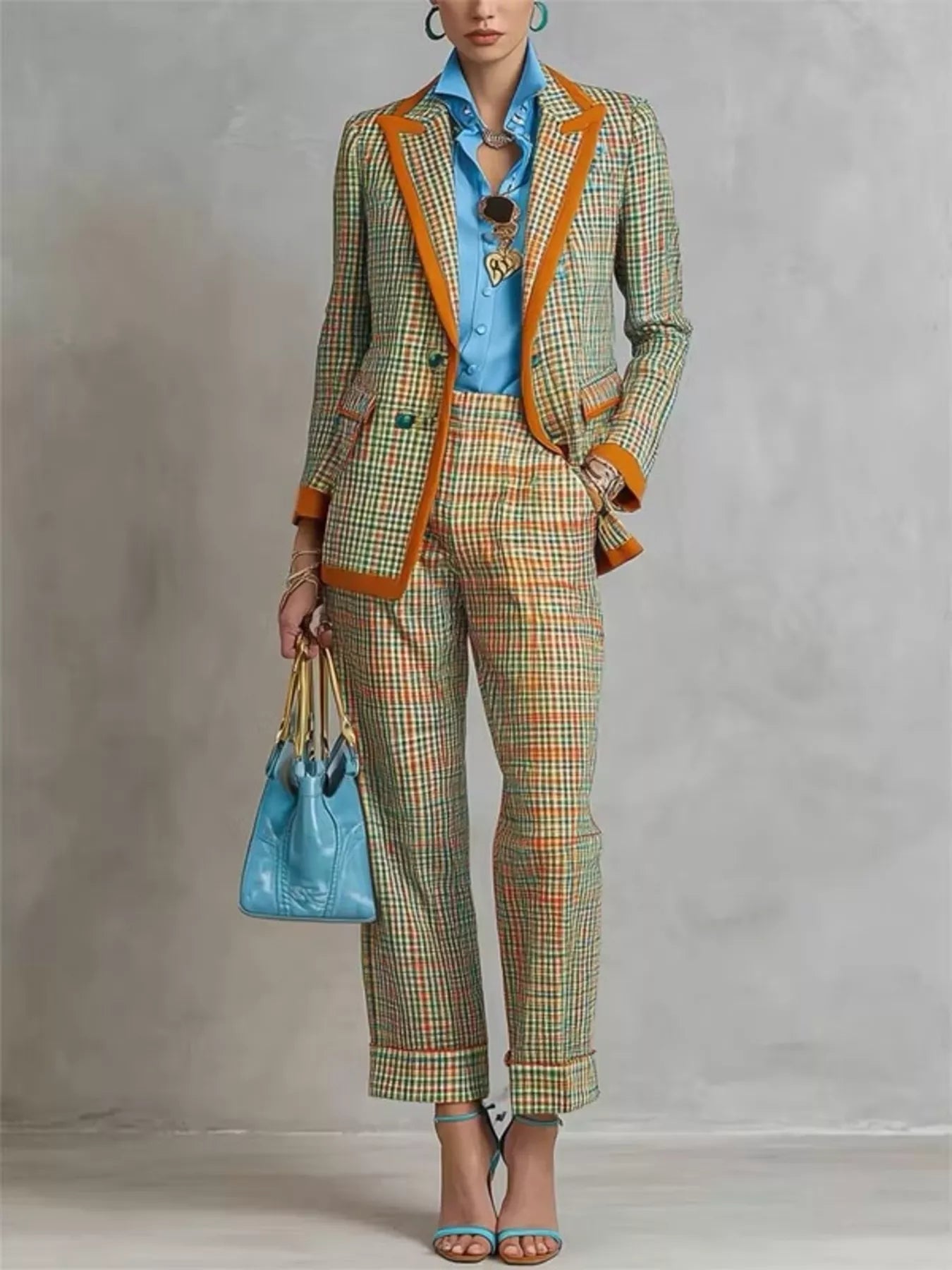 NEWYORKLISTED STYLE COLLECTION: A model wears a matching plaid blazer and trousers set in green, orange, and beige tones, styled with a bright blue shirt, a blue handbag, and blue strappy heels against a textured gray studio backdrop.