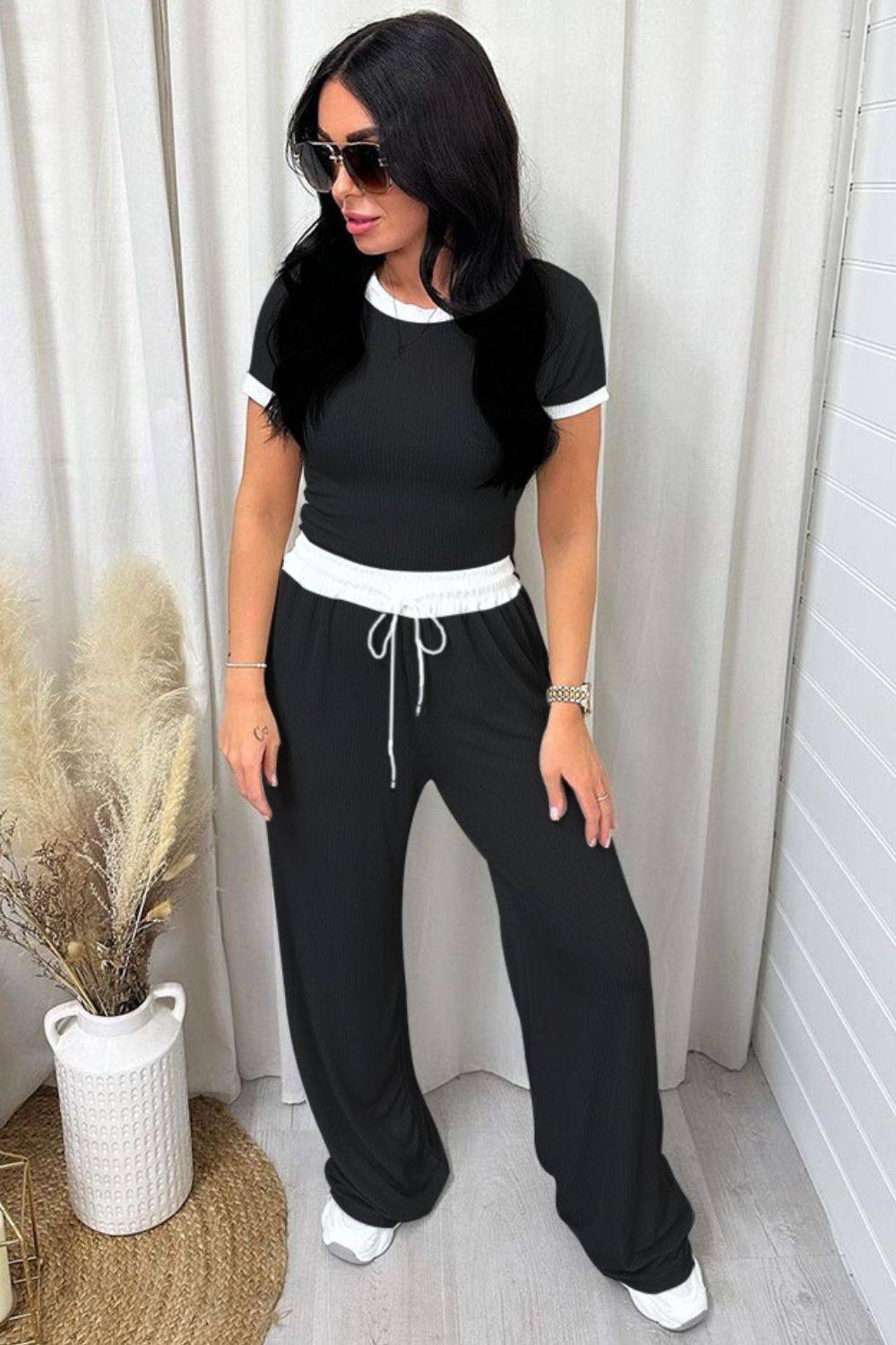 NYLD: Contrast Trim Round Neck Top and Pants Set - NEWYORKLISTED