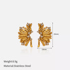 NYLD Glamour Collection by NEWYORKLISTED: Gold earrings with fan-like design and embedded stones, shown with measurements and material details on a white background.