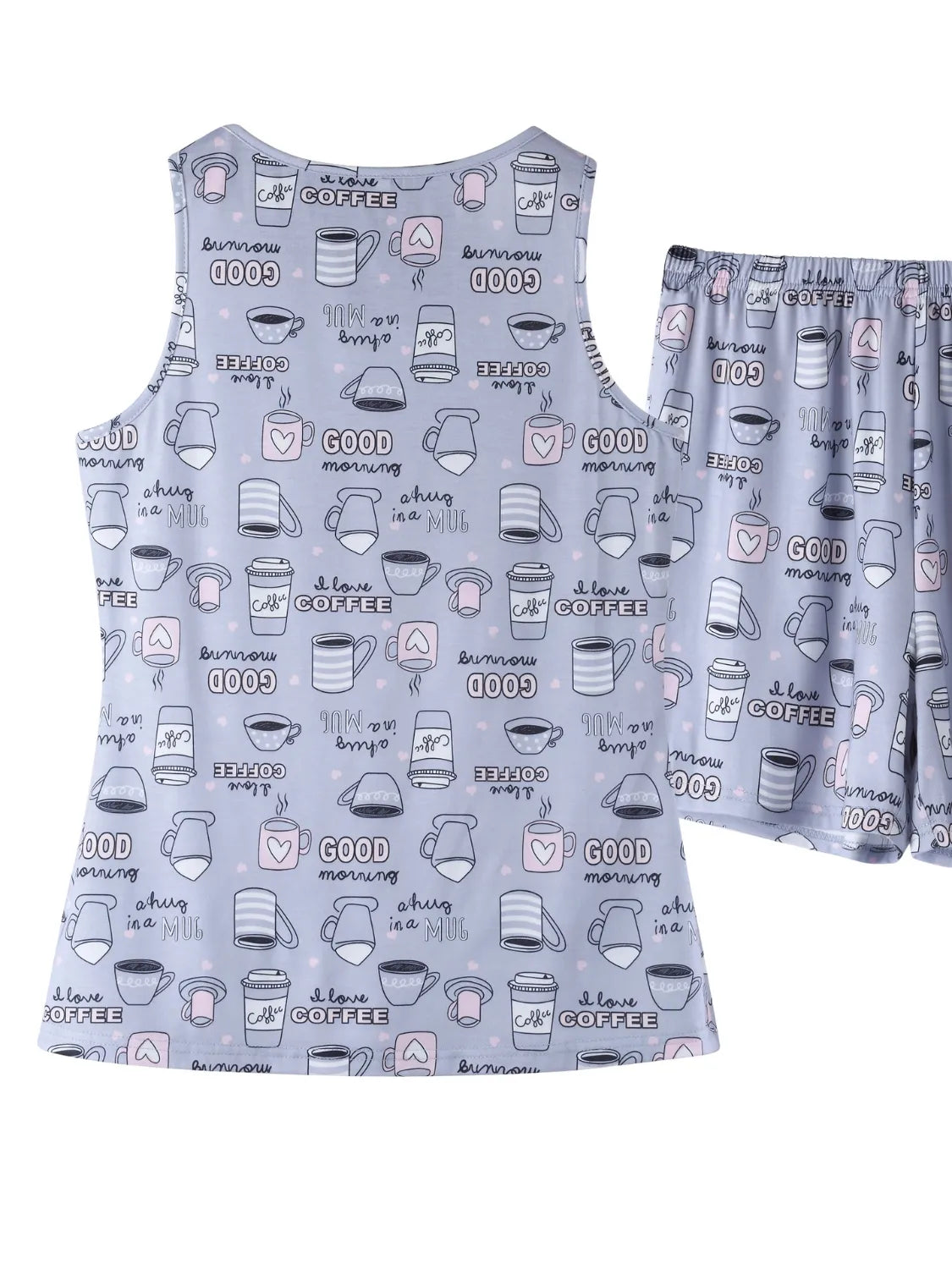 NEWYORKLISTED Intimate Apparel: Tank top and shorts set with coffee-themed design on a white background