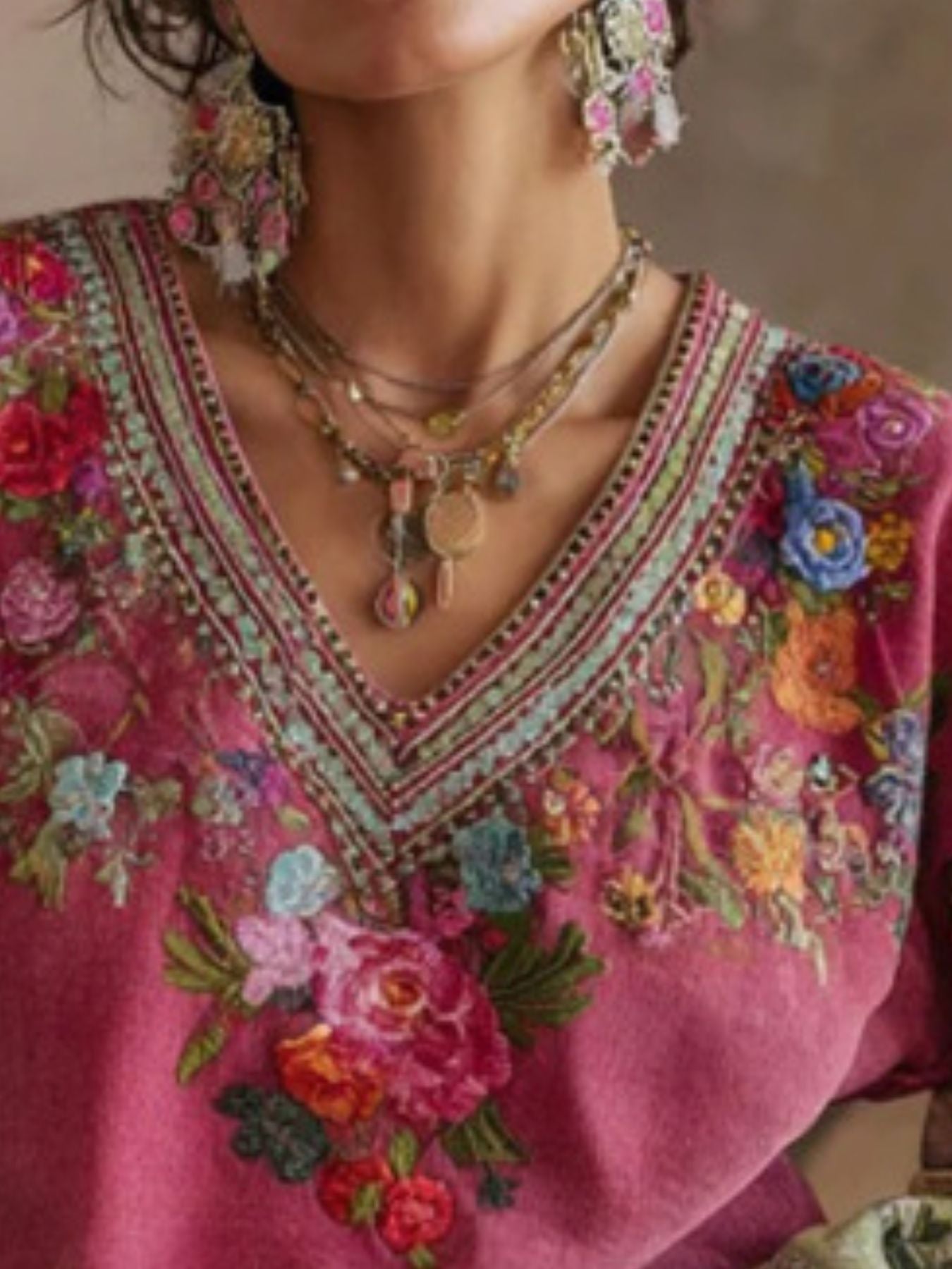 NEWYORKLISTED STYLE COLLECTION: Close-up of a person wearing a pink embroidered top with floral patterns, colorful jewelry, and earrings.