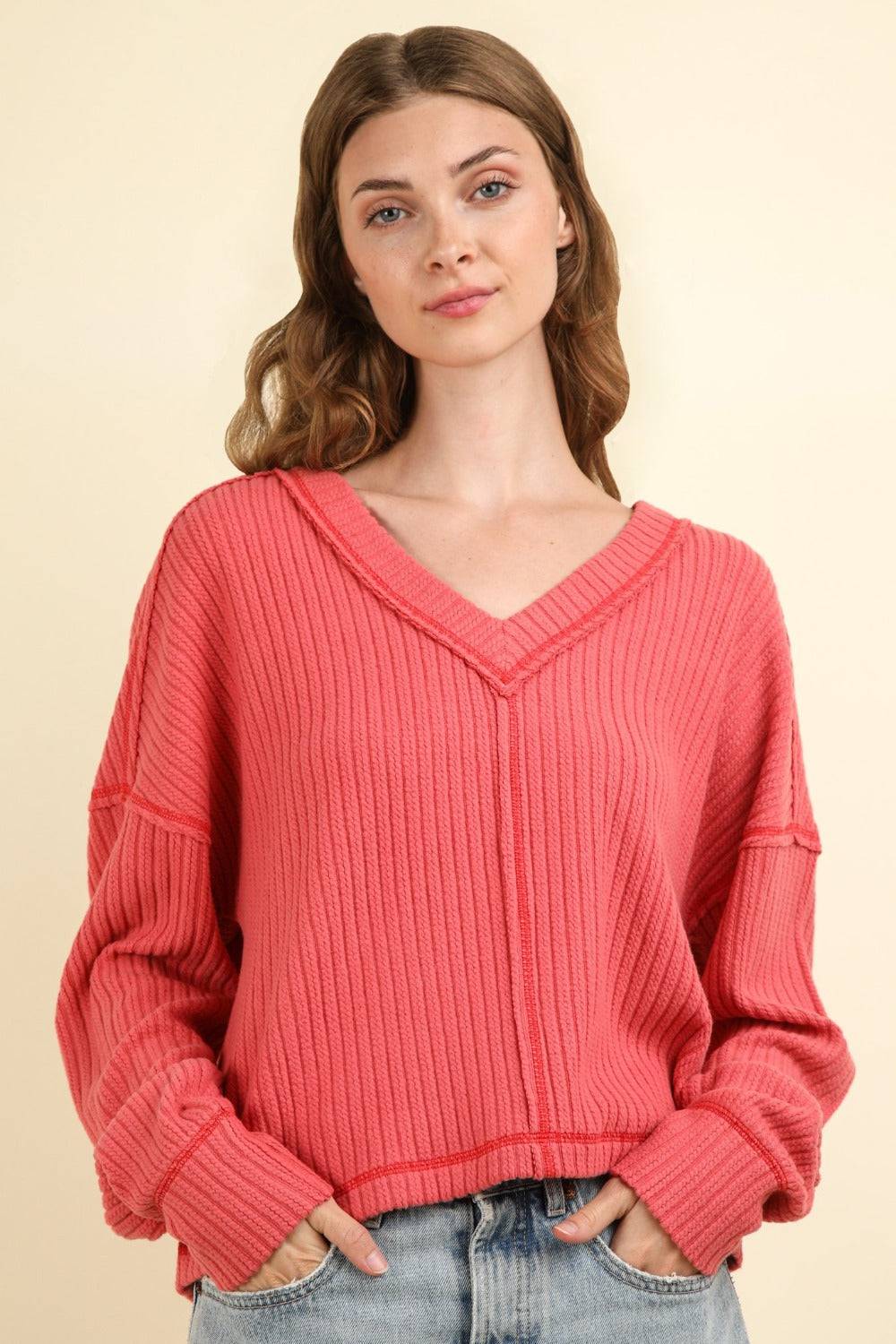 NEWYORKLISTED STYLE COLLECTION: Exposed Seam V-Neck Ribbed Knit Top - NEWYORKLISTED