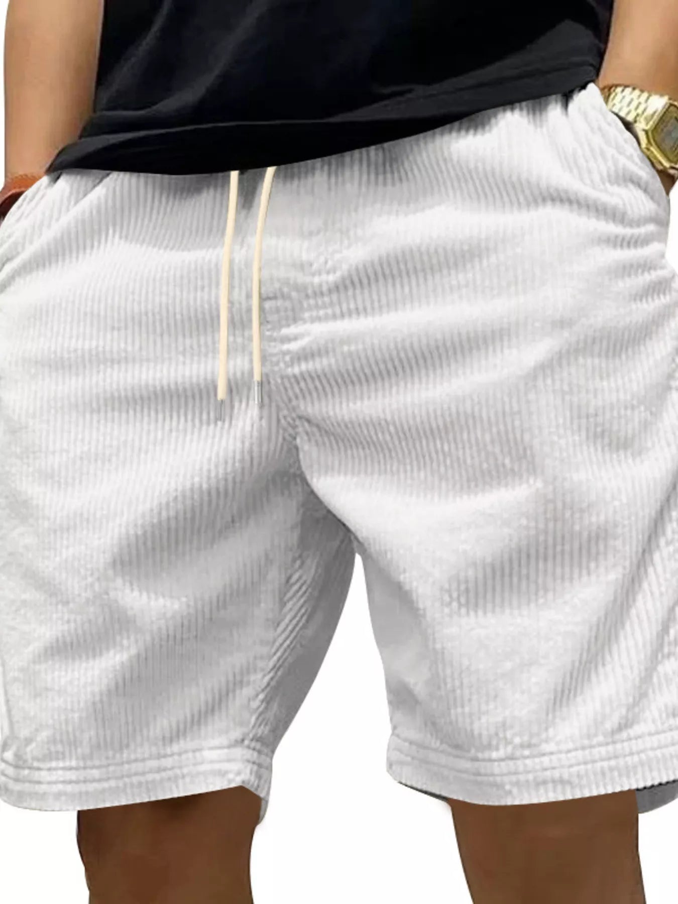 NEWYORKLISTED ATLAS MEN'S COLLECTION: White shorts worn by a person on a white background
