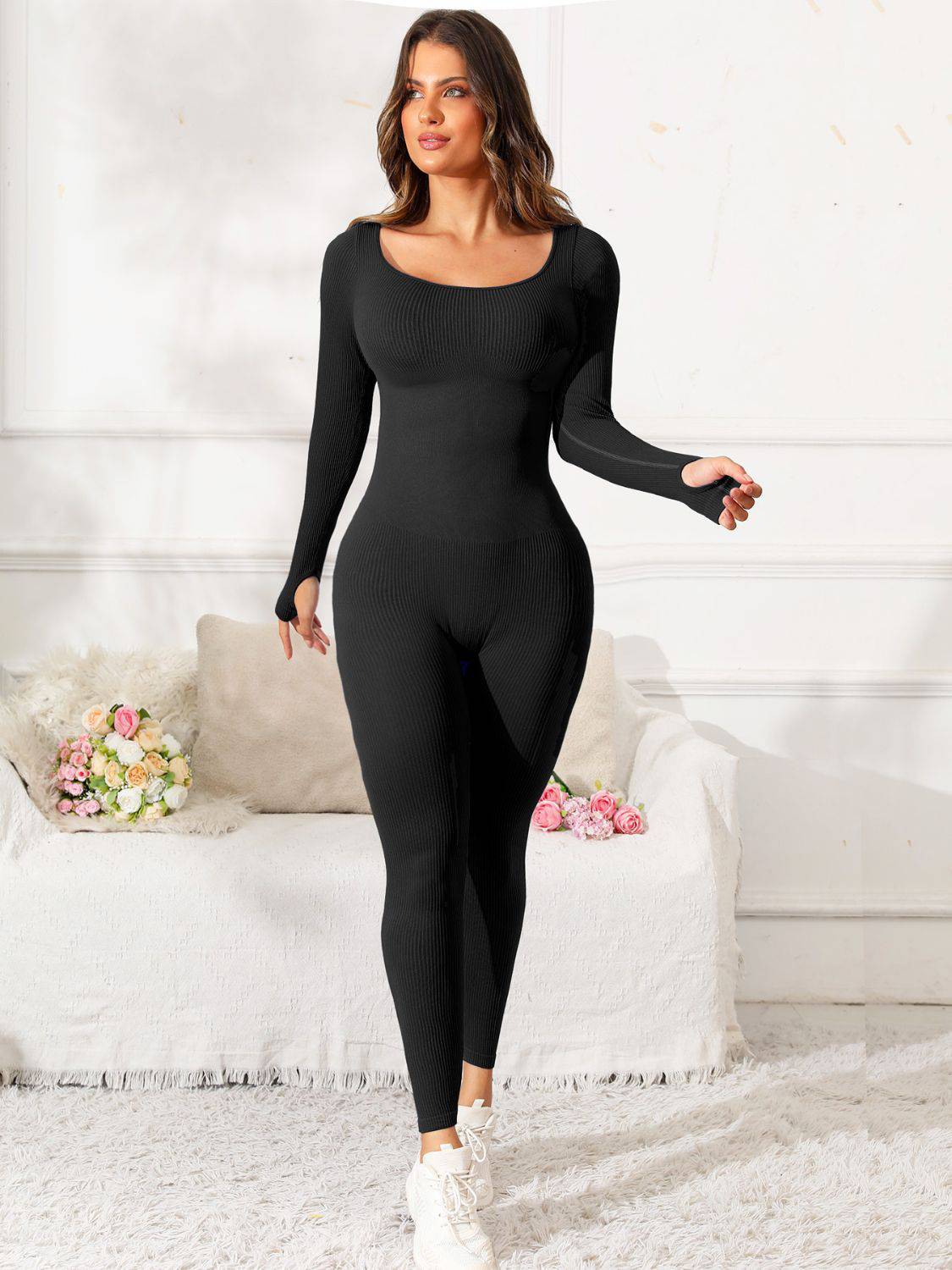 Scoop Neck Long Sleeve Active Jumpsuit - NEWYORKLISTED