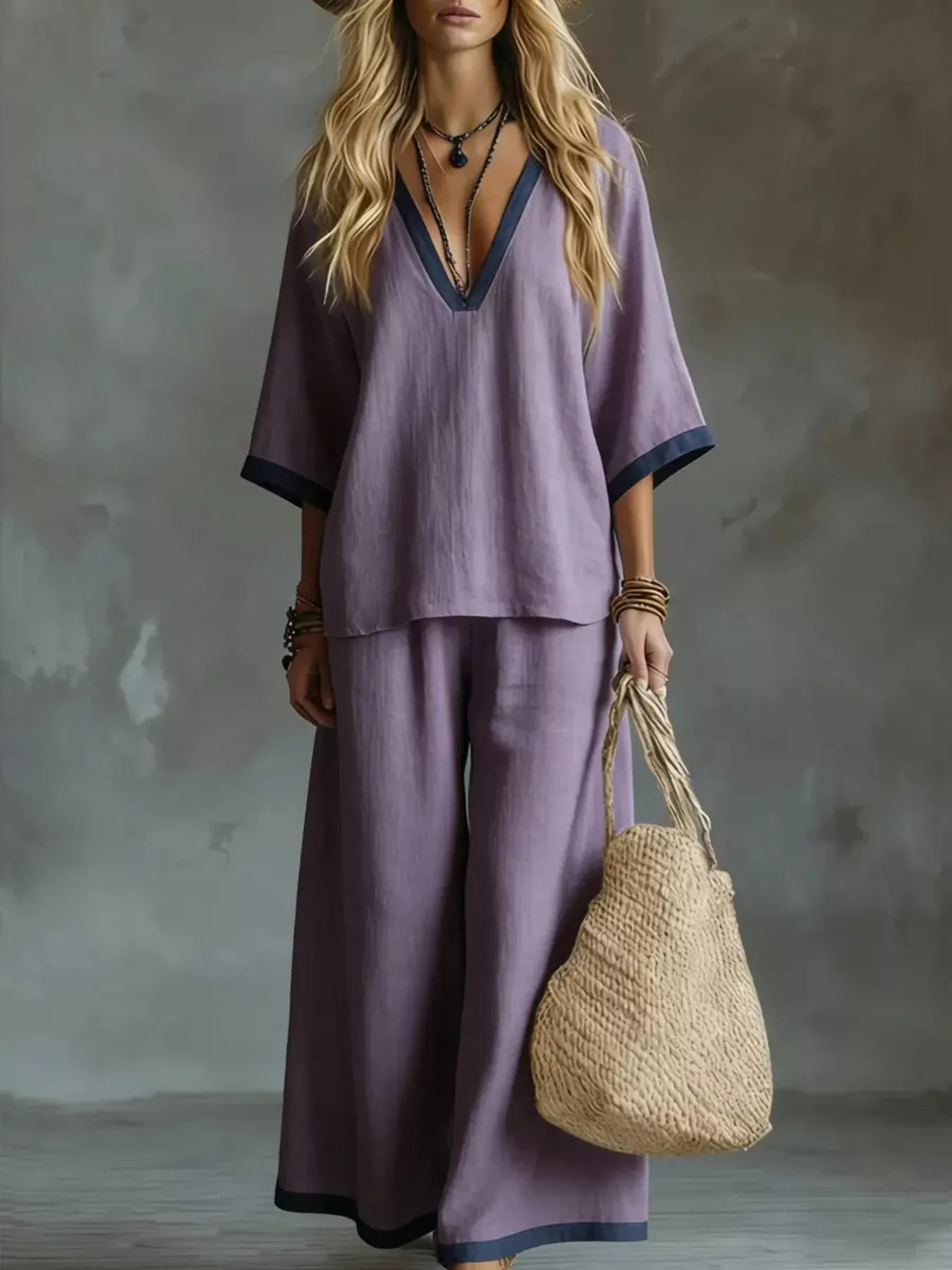 NEWYORKLISTED STYLE COLLECTION: Woman wearing a purple outfit holding a straw bag against a textured gray background