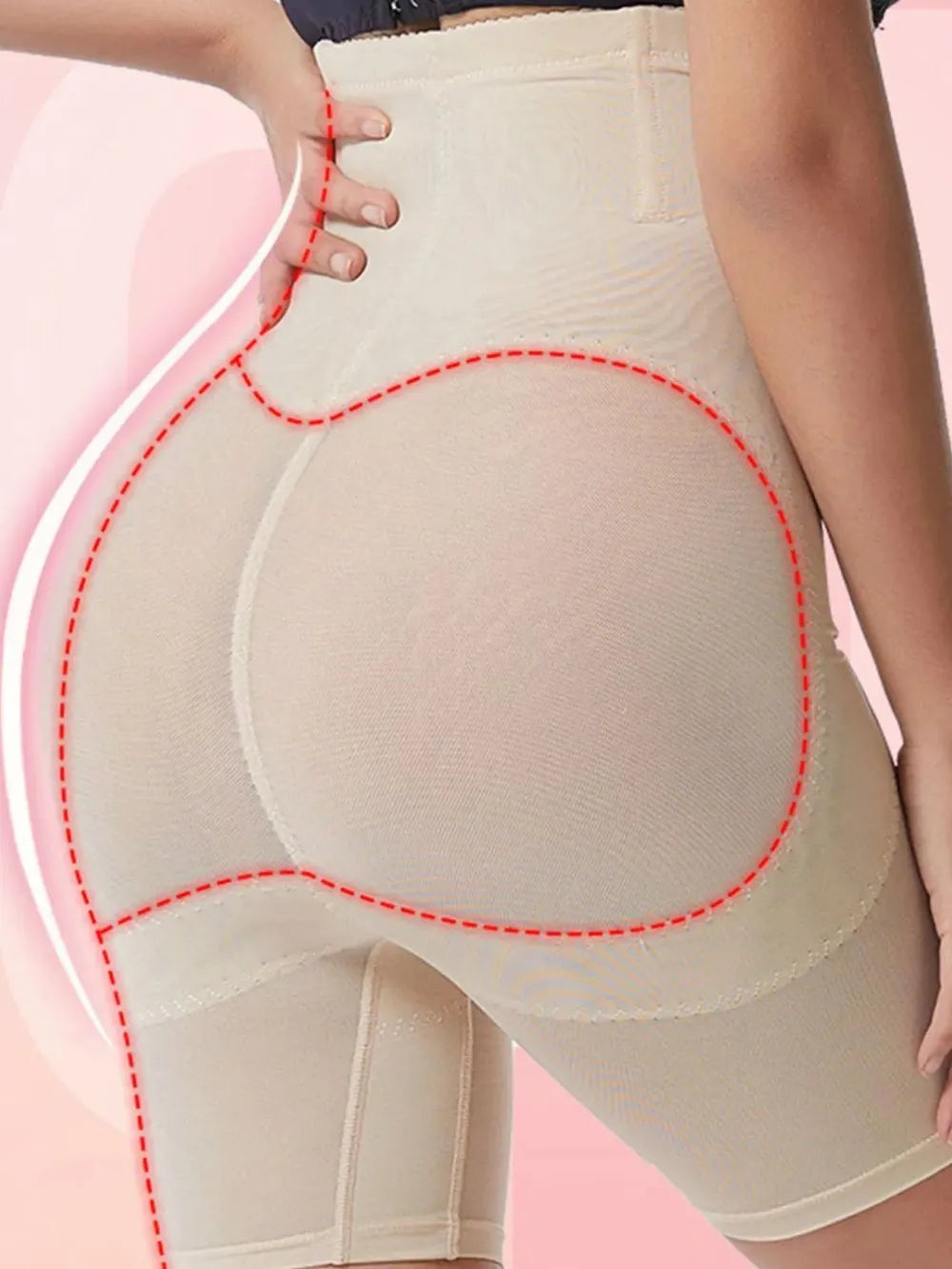 NEWYORKLISTED Intimate Apparel: Beige shapewear with red stitching on a pink background