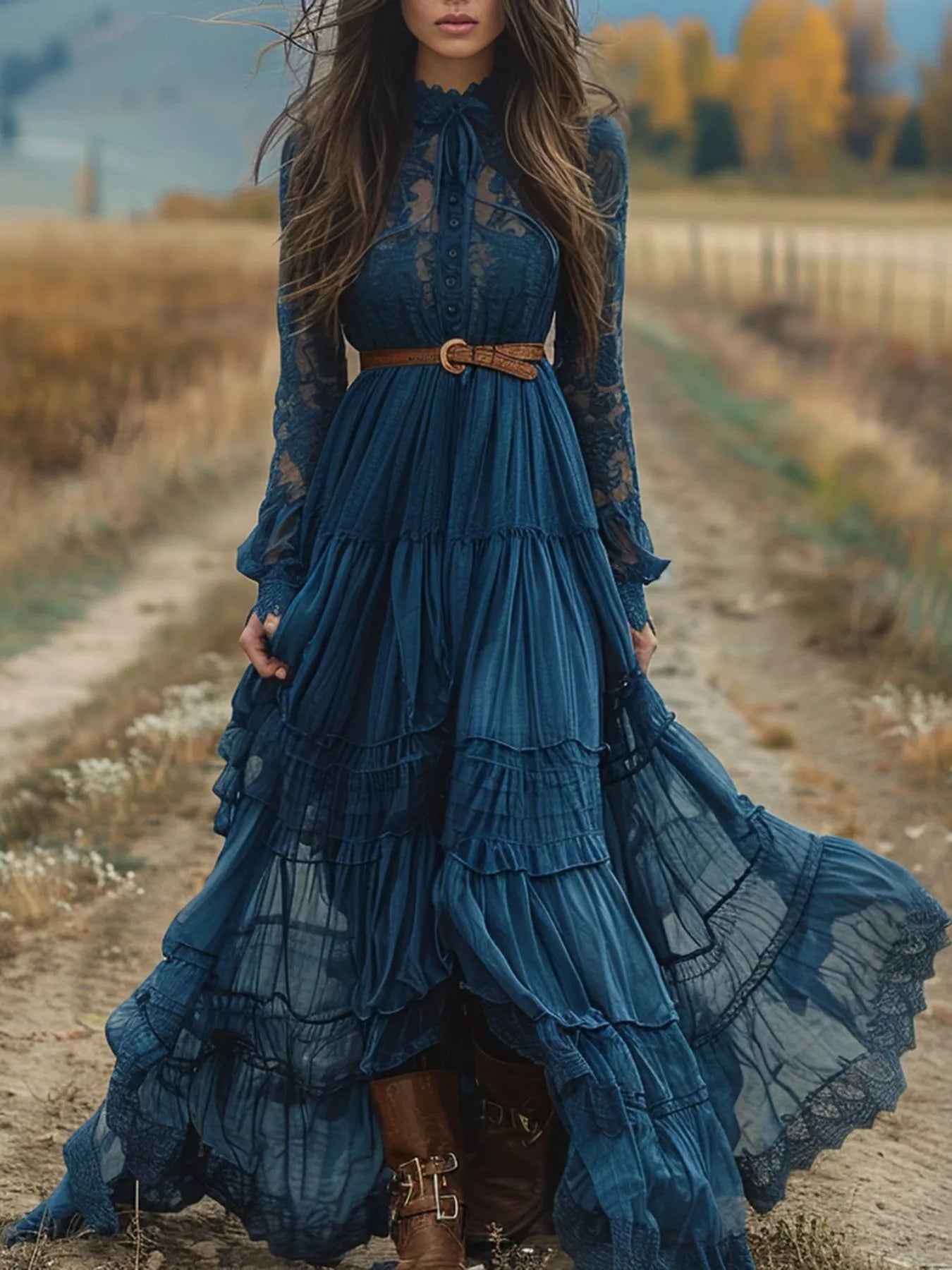 NEWYORKLISTED STYLE COLLECTION: Woman in a blue lace dress standing in a field with autumn trees in the background