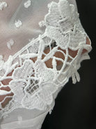 NEWYORKLISTED STYLE COLLECTION: Close-up of white lace fabric with floral patterns on a dark background