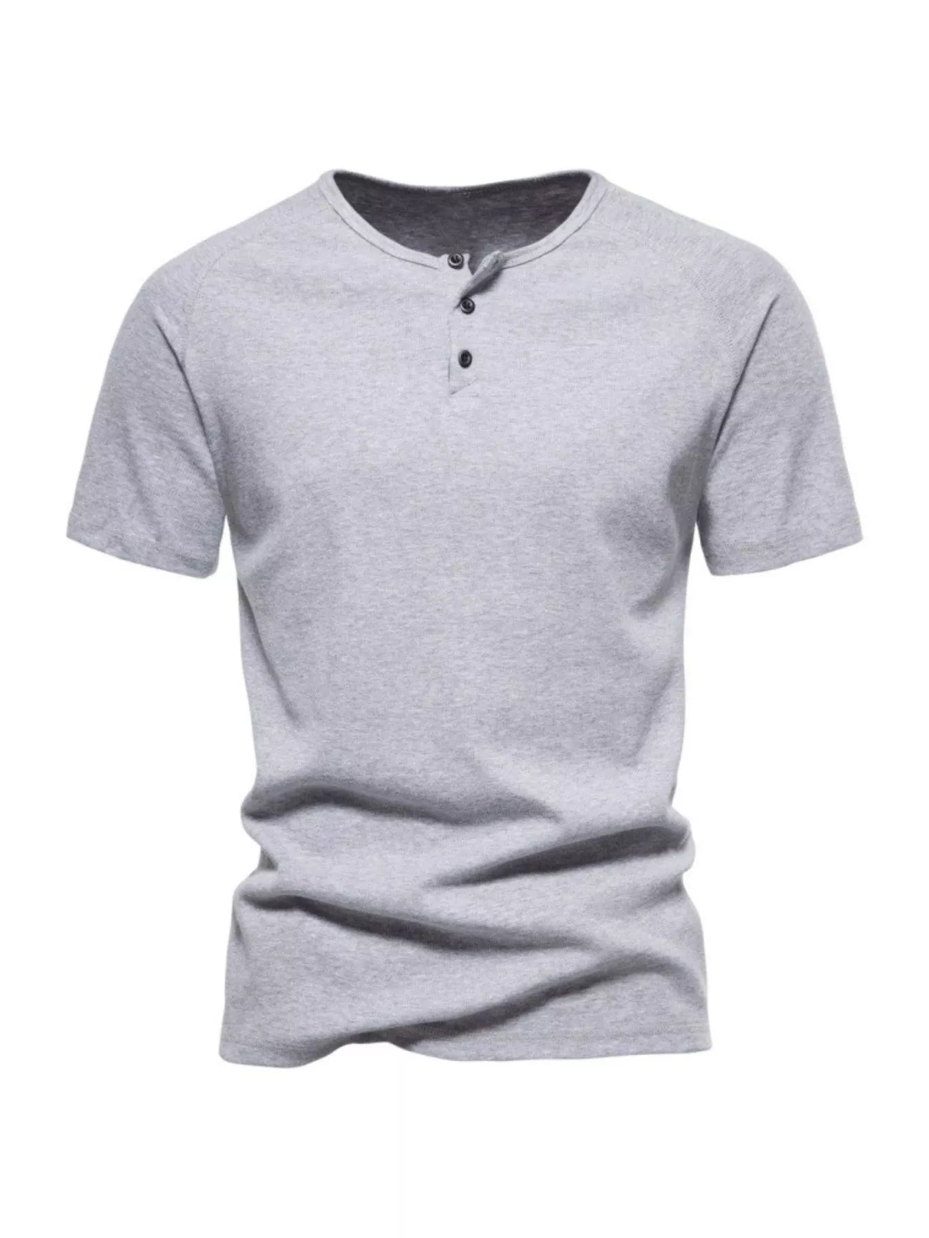 NEWYORKLISTED ATLAS MEN'S COLLECTION: Gray short-sleeve henley shirt on a white background