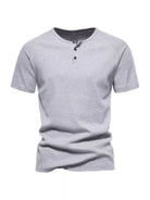 NEWYORKLISTED ATLAS MEN'S COLLECTION: Gray short-sleeve henley shirt on a white background
