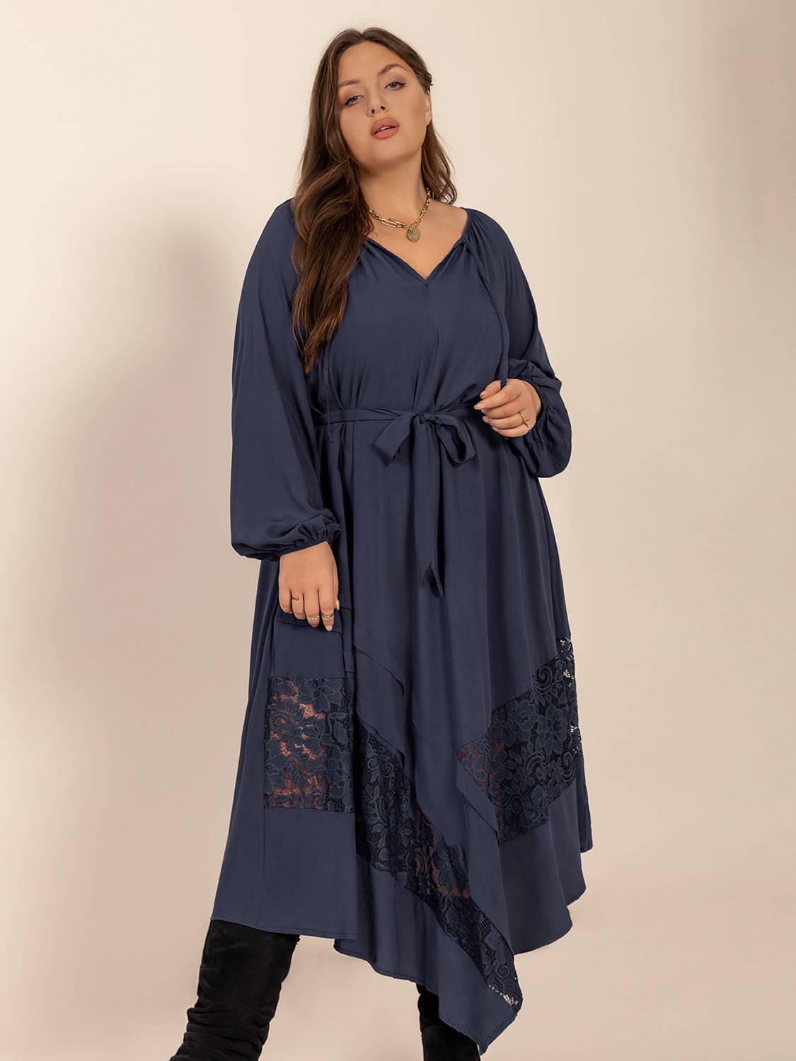 Plus Size Lace Detail Tie Neck Long Sleeve Midi Dress - NEWYORKLISTED