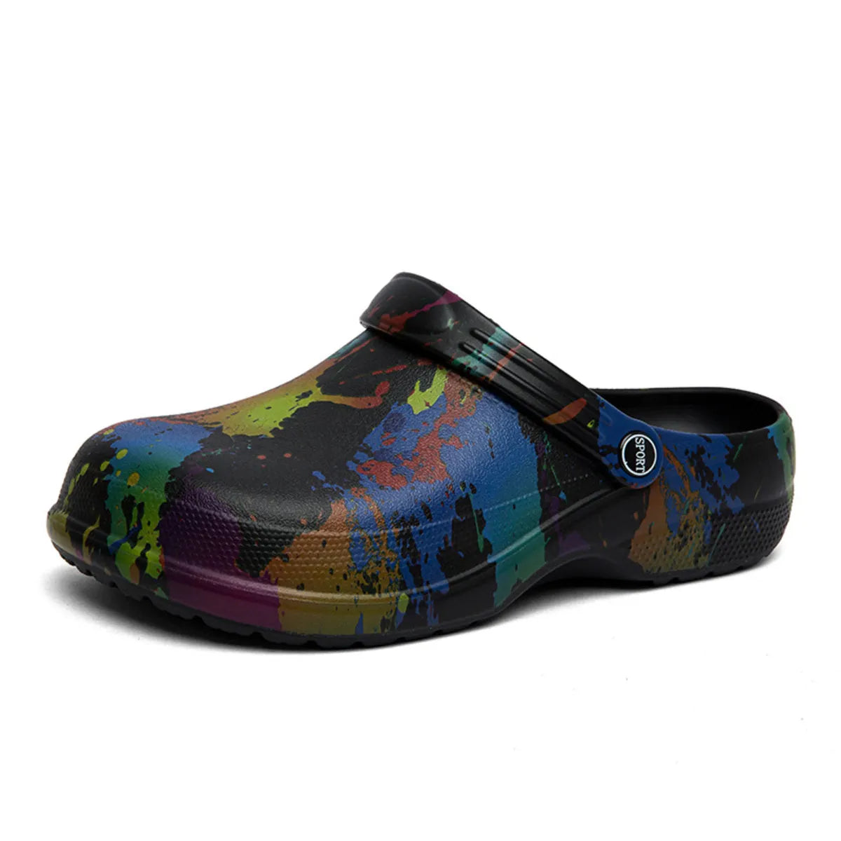 NEWYORKLISTED STYLE COLLECTION: Multicolored splatter-patterned clog shoe on a white background