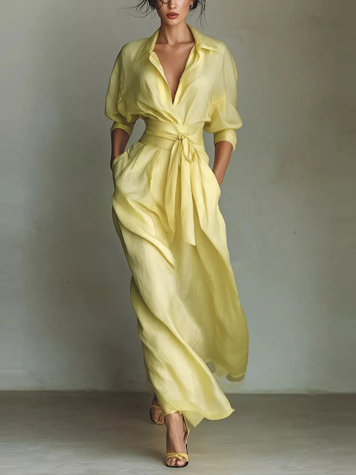 NEWYORKLISTED STYLE COLLECTION: A woman models a flowing pale yellow wrap-style maxi dress with a deep V-neck, short sleeves, side pockets, and a self-tie waist, photographed against a neutral textured wall.