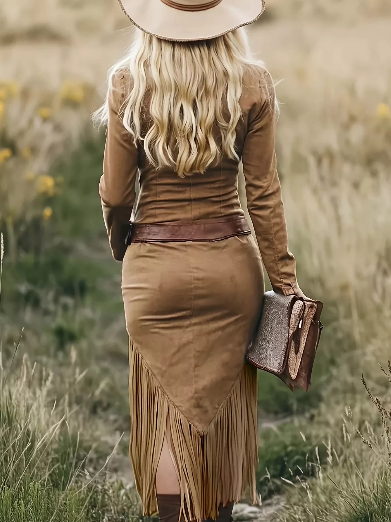 NEWYORKLISTED STYLE COLLECTION: Person wearing a brown fringe skirt and top in a field