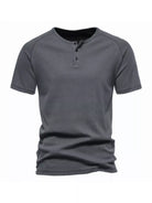 NEWYORKLISTED ATLAS MEN'S COLLECTION: Gray short-sleeve henley shirt on a white background