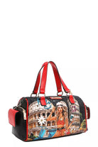 NEWYORKLISTED STYLE COLLECTION: Colorful handbag with a design of a woman and architectural elements on a white background