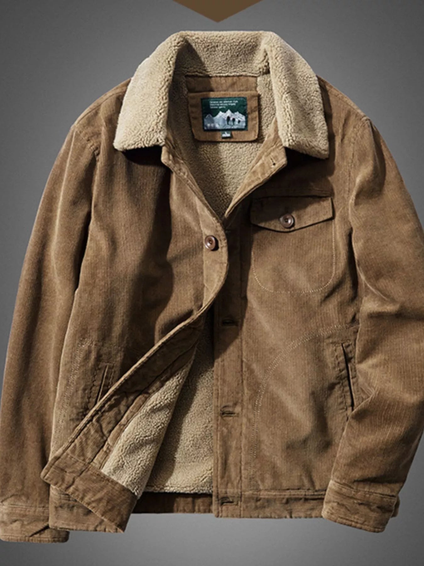 NEWYORKLISTED ATLAS MEN'S COLLECTION: Brown jacket with sherpa lining on a gray background