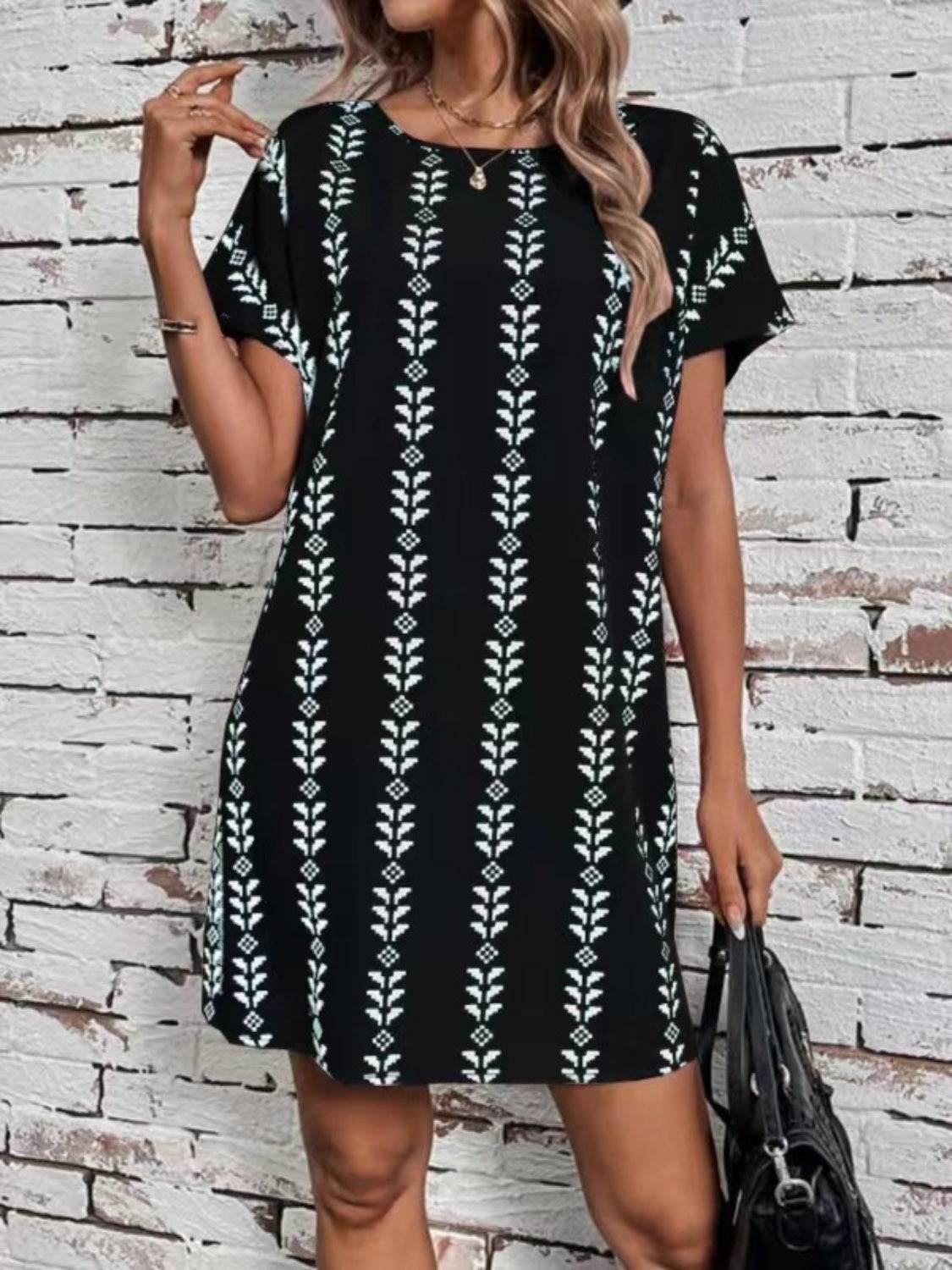 NYLD Wheat Motif Printed Round Neck Short Sleeve Dress - NEWYORKLISTED