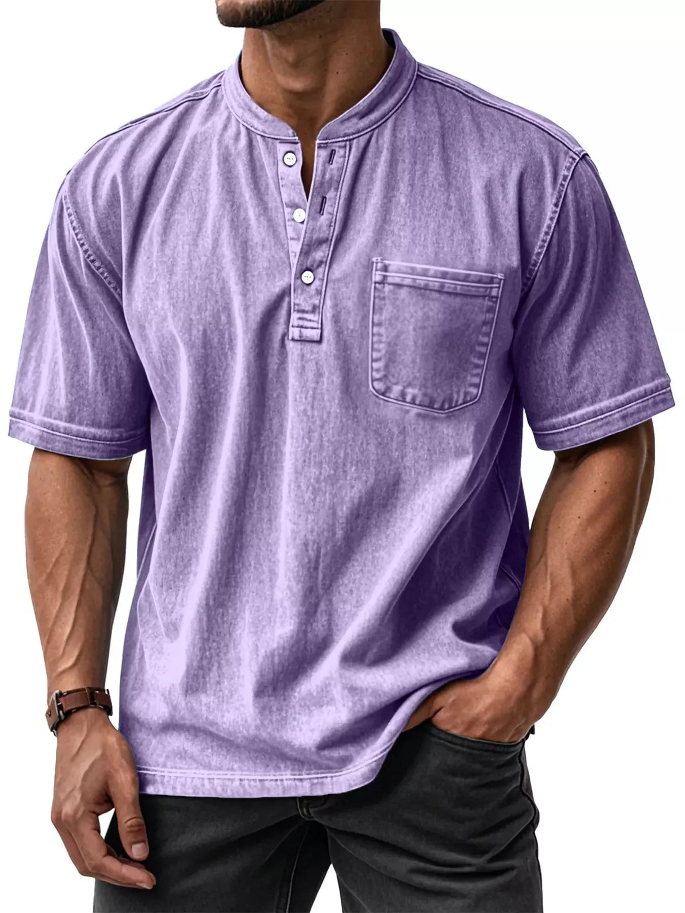 NEWYORKLISTED ATLAS MEN'S COLLECTION: Man wearing a purple short-sleeve shirt with a pocket on a white background