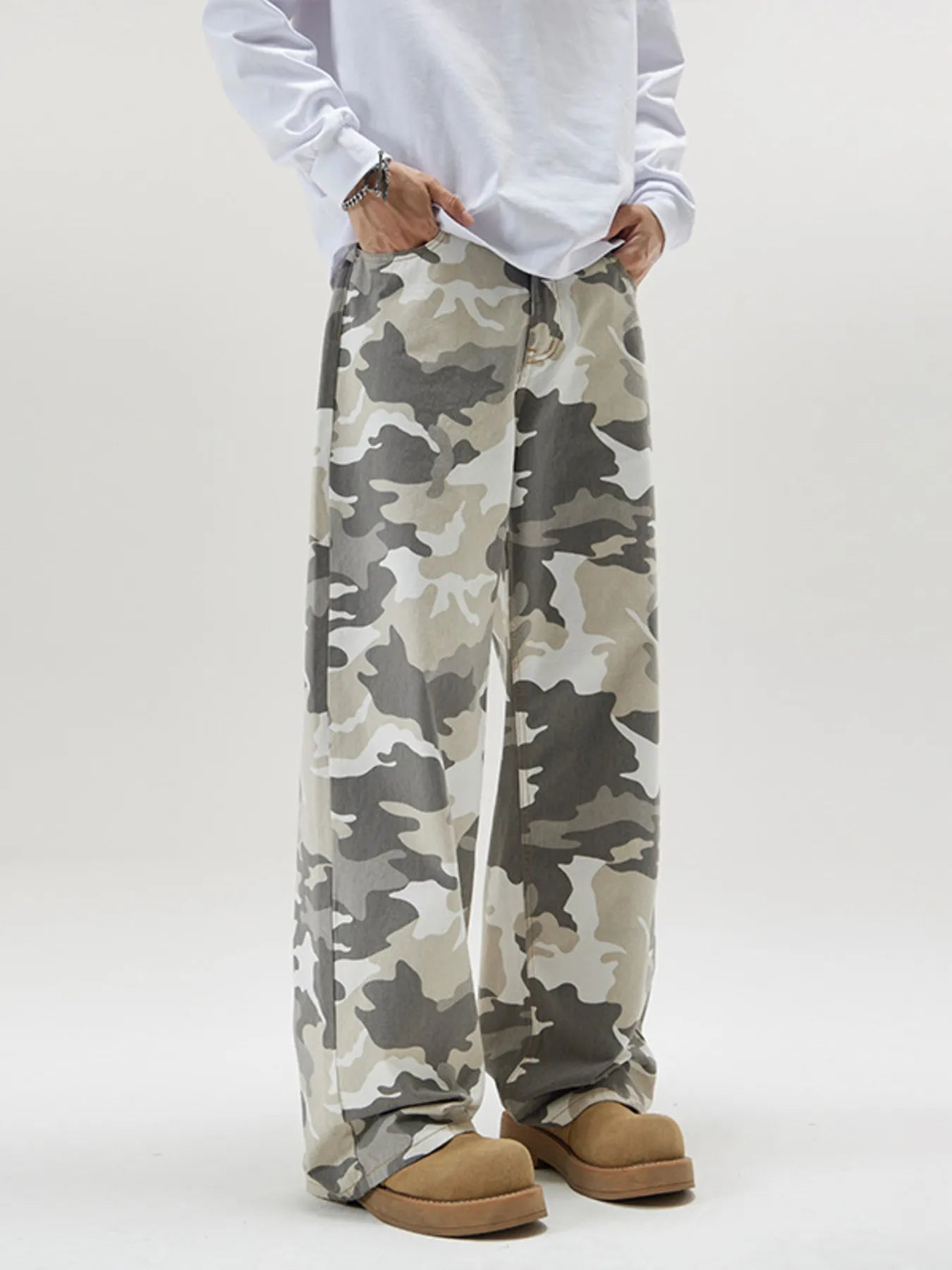 NEWYORKLISTED ATLAS MEN's COLLECTION: Person wearing camouflage pants and brown shoes on a white background
