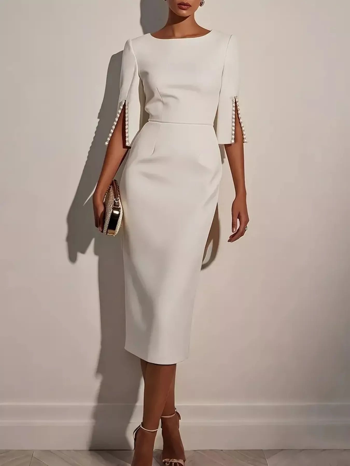NEWYORKLISTED STYLE COLLECTION: White dress with embellished sleeves on a plain background