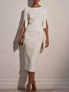 NEWYORKLISTED STYLE COLLECTION: White dress with embellished sleeves on a plain background