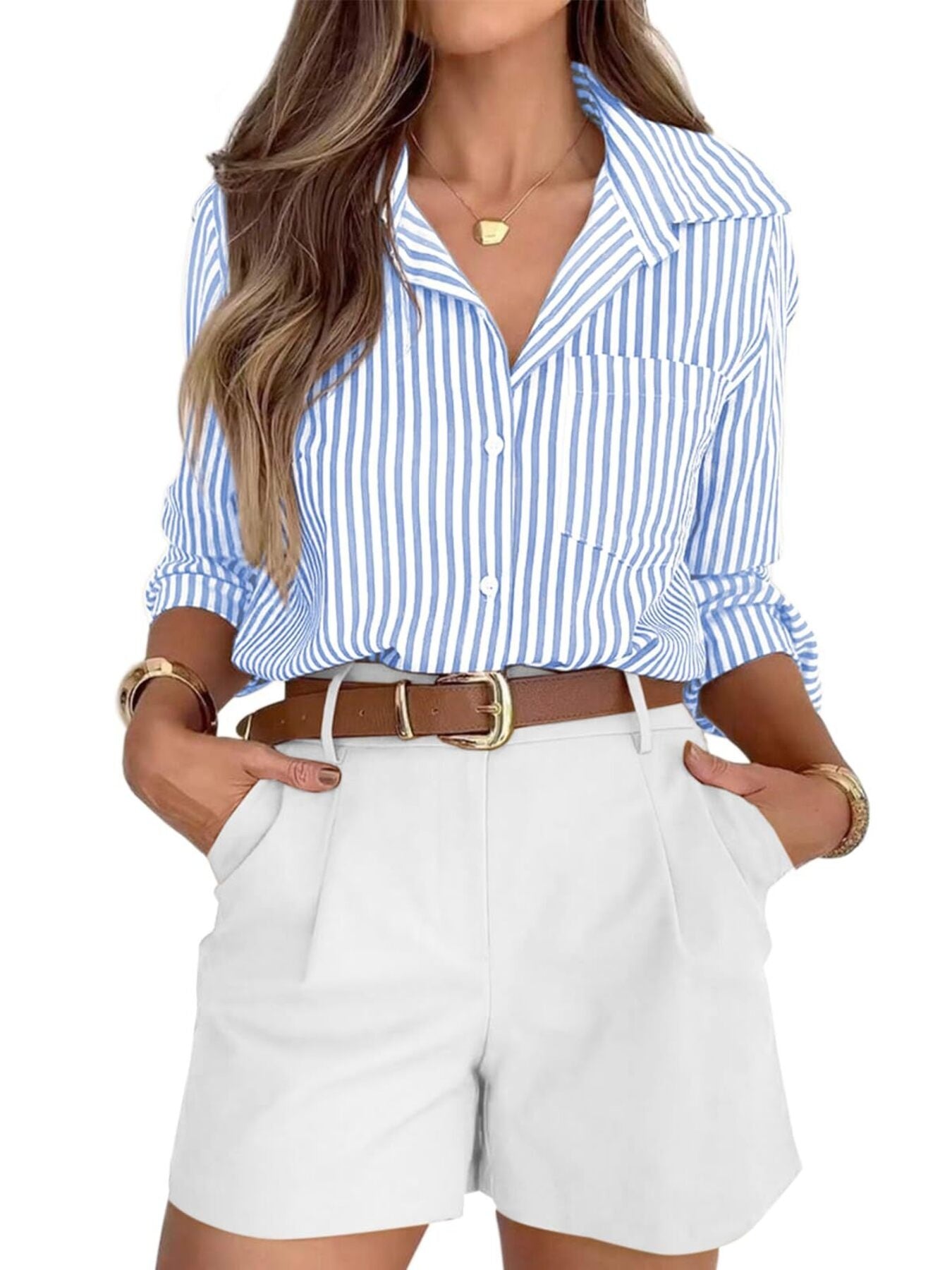 Woman’s striped button-down long sleeve shirt with pocket in lightweight viscose from the NEWYORKLISTED STYLE COLLECTION