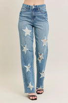 NEWYORKLISTED STYLE COLLECTION: Blue jeans with star patterns on a beige background