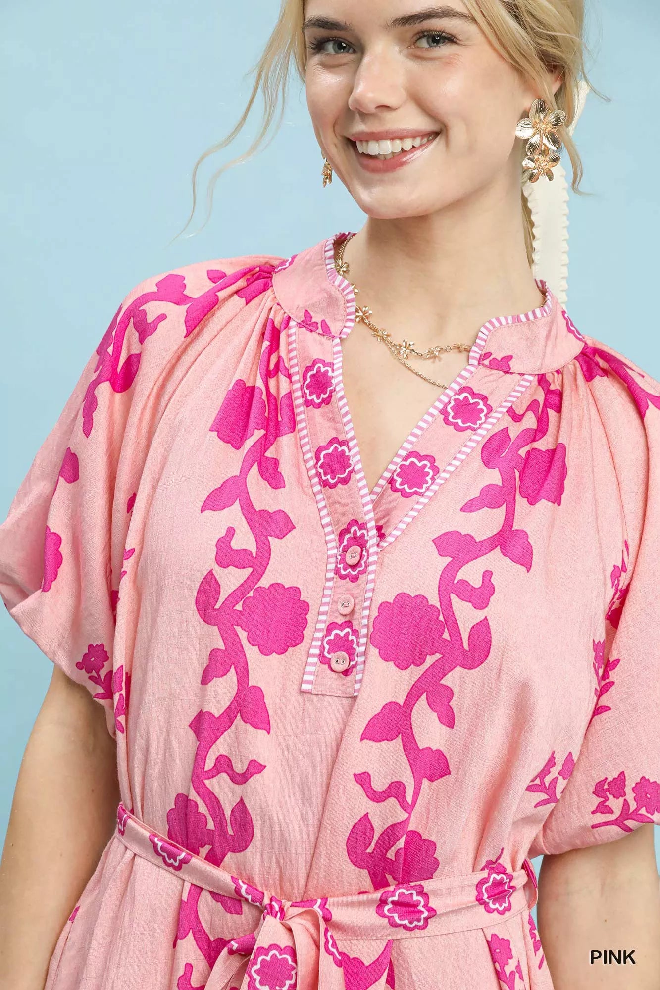 NEWYORKLISTED STYLE COLLECTION: Woman wearing a pink floral dress against a light blue background