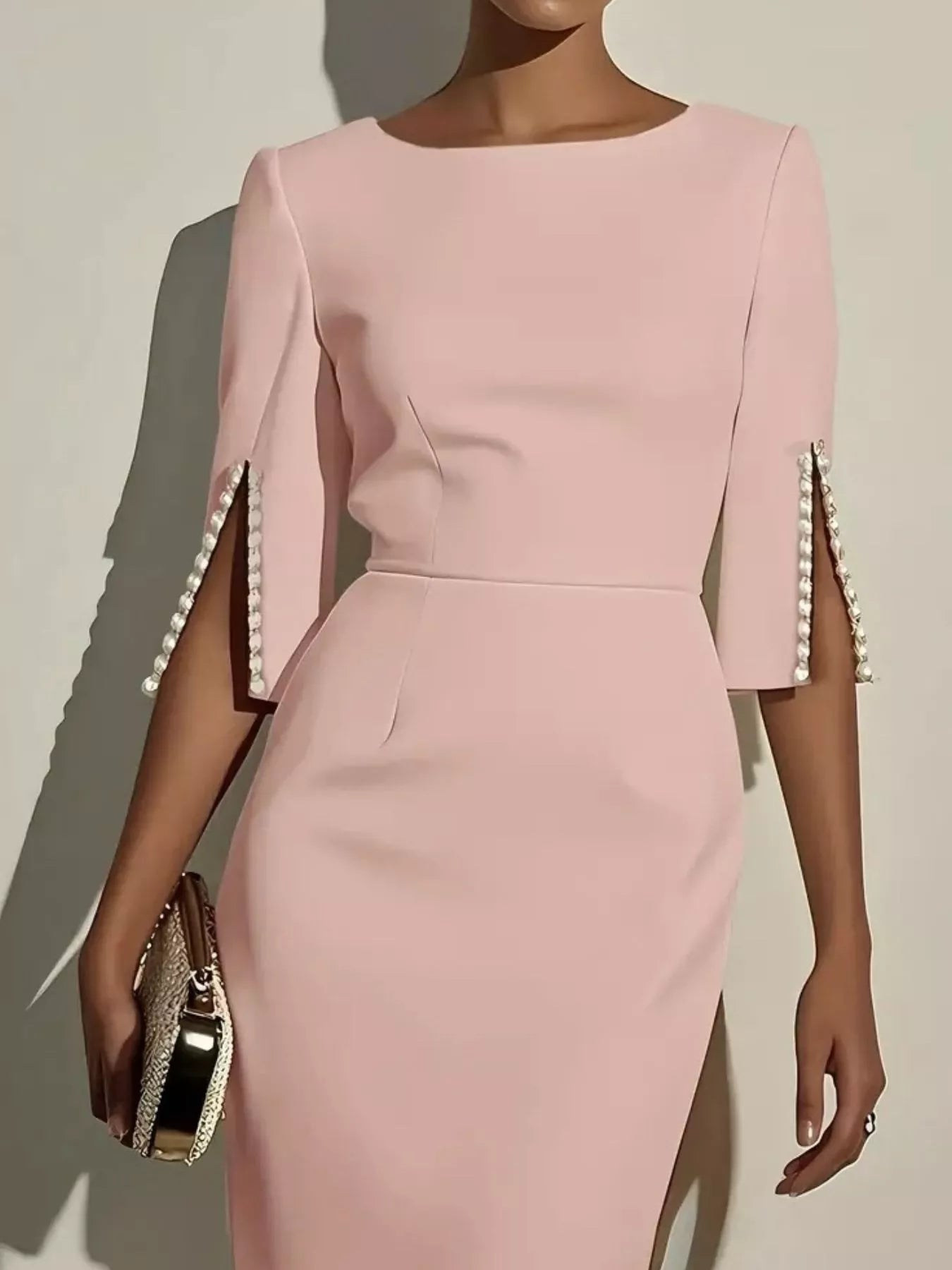 NEWYORKLISTED STYLE COLLECTION: Pink dress with pearl embellishments on sleeves against a neutral background