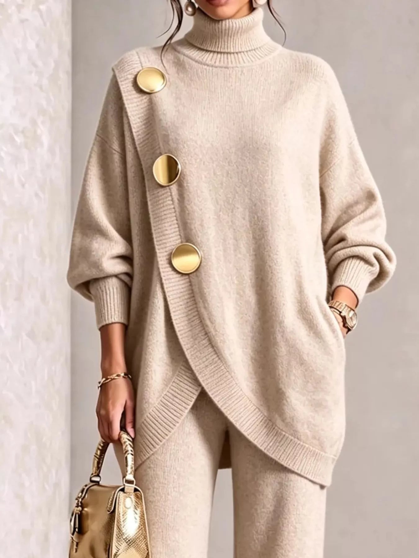 NEWYORKLISTED STYLE COLLECTION:  A woman wearing a beige oversized turtleneck sweater with large gold-tone decorative buttons and matching beige pants, holding a small gold handbag against a light textured wall.