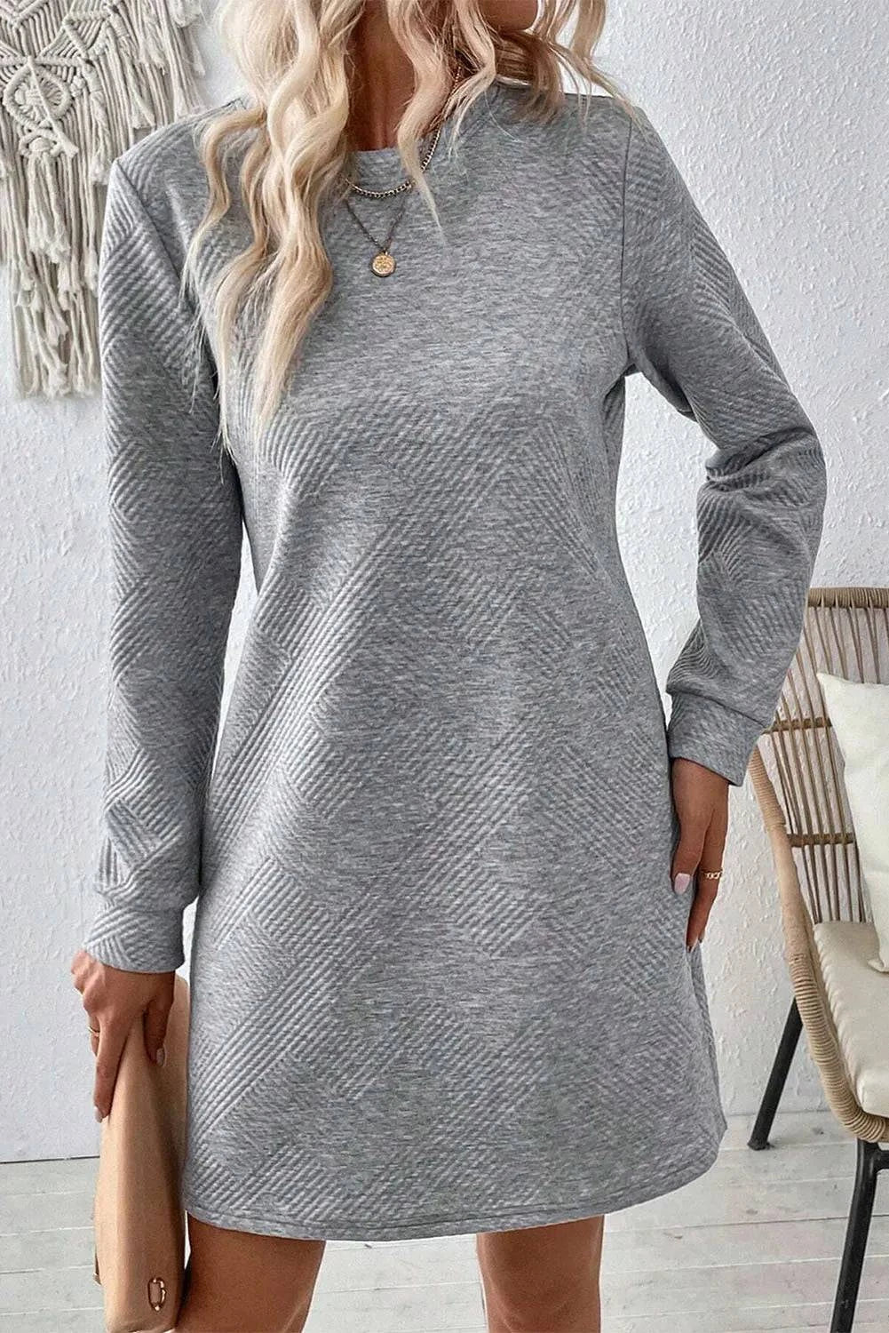 Textured Round Neck Long Sleeve Mini Dress - NEWYORKLISTED