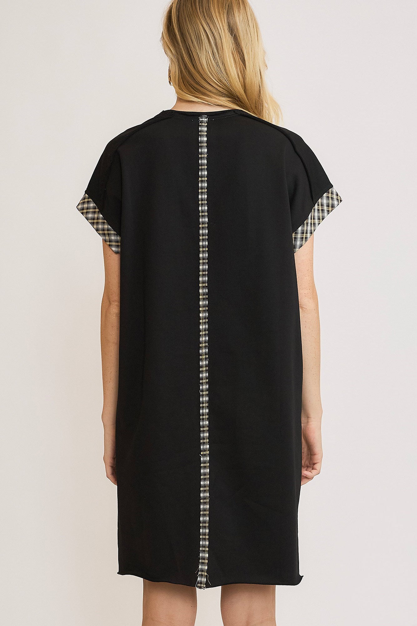 Umgee Peace Plaid Applique Short Sleeve Mini Dress - NEWYORKLISTED