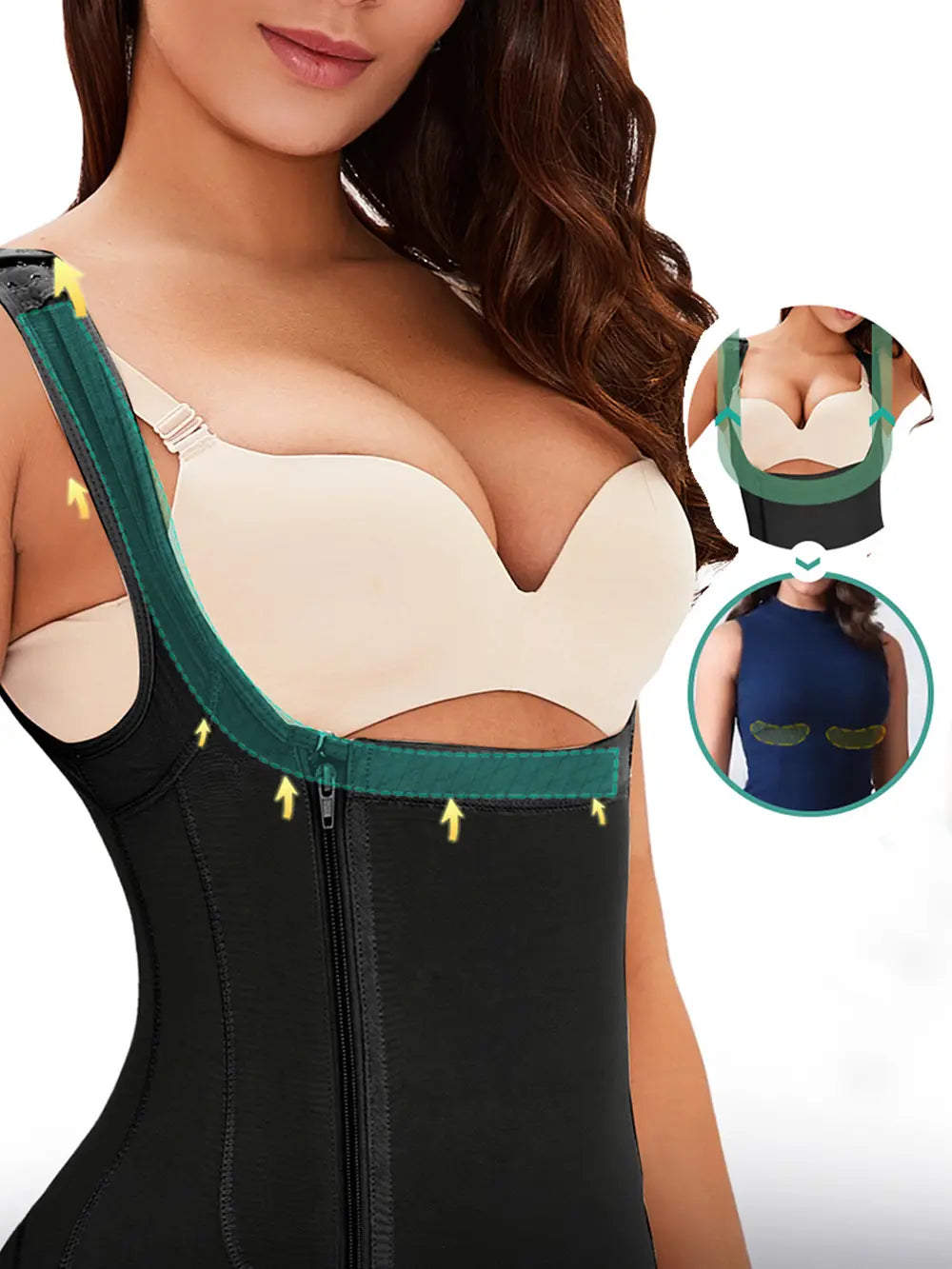 NEWYORKLISTED Intimate Apparel: Woman wearing a black waist trainer with green accents, showing close-up details on a white background.