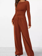 NEWYORKLISTED COMFORT COLLECTION: Long Sleeve Top and Wide Leg Pants Set: Brown jumpsuit with long sleeves and wide-leg pants on a white background