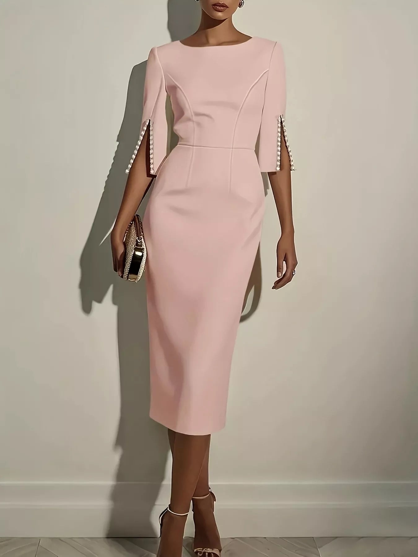NEWYORKLISTED STYLE COLLECTION: Pink dress with pearl embellishments on sleeves against a plain background