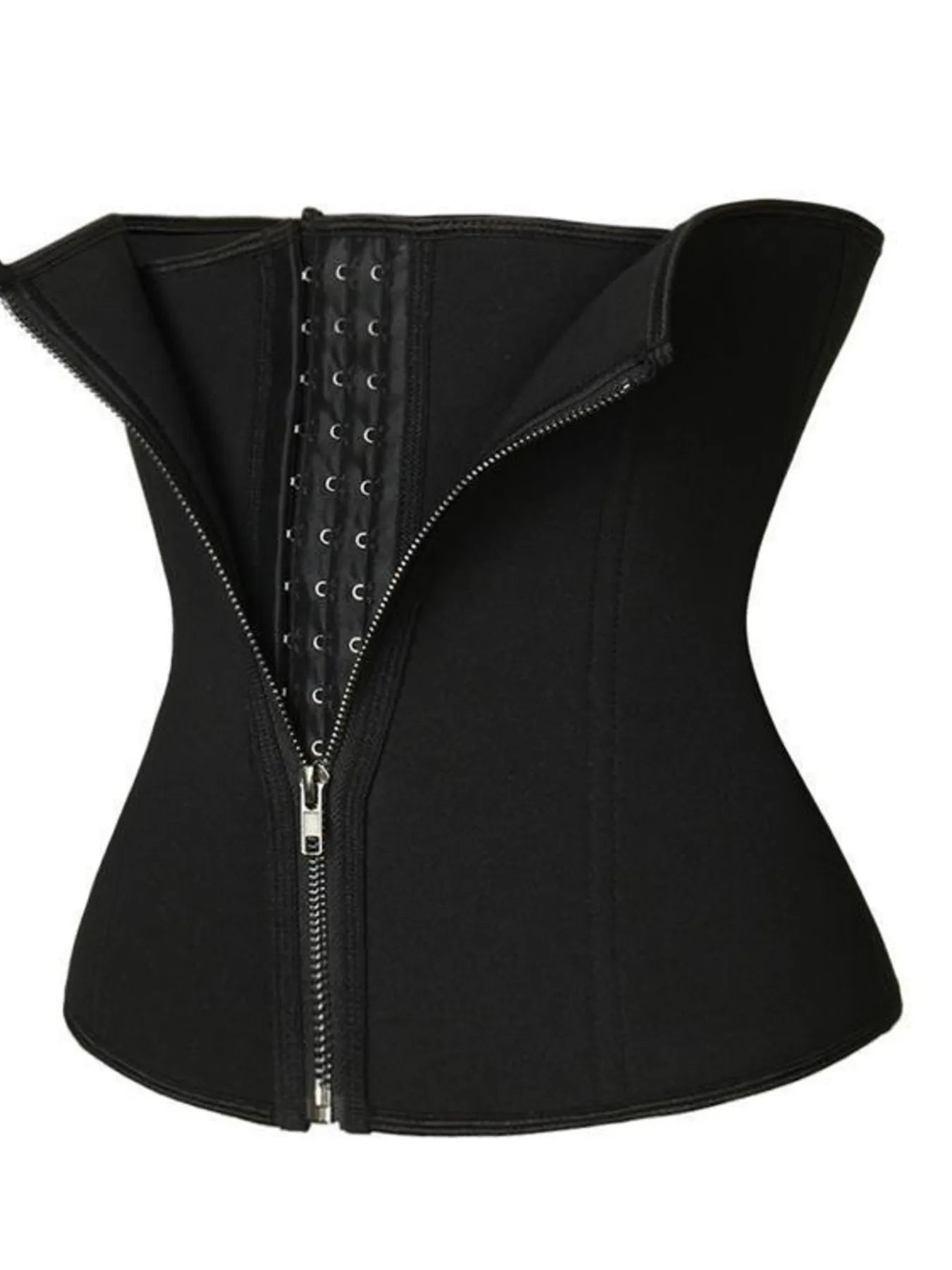 NEWYORKLISTED Intimate Apparel: Black waist trainer with zipper on a white background